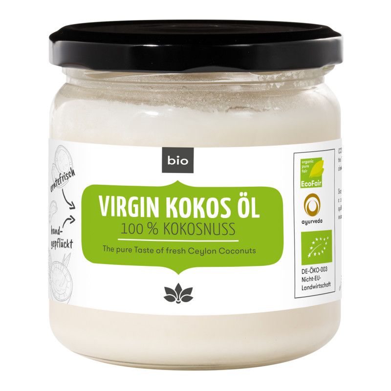 Glas mit Virgin Kokos Öl. Schwarzer Deckel, grünes Etikett mit Text: Virgin Kokos Öl, 100% Kokosnuss, Bio. EcoFair-Siegel.