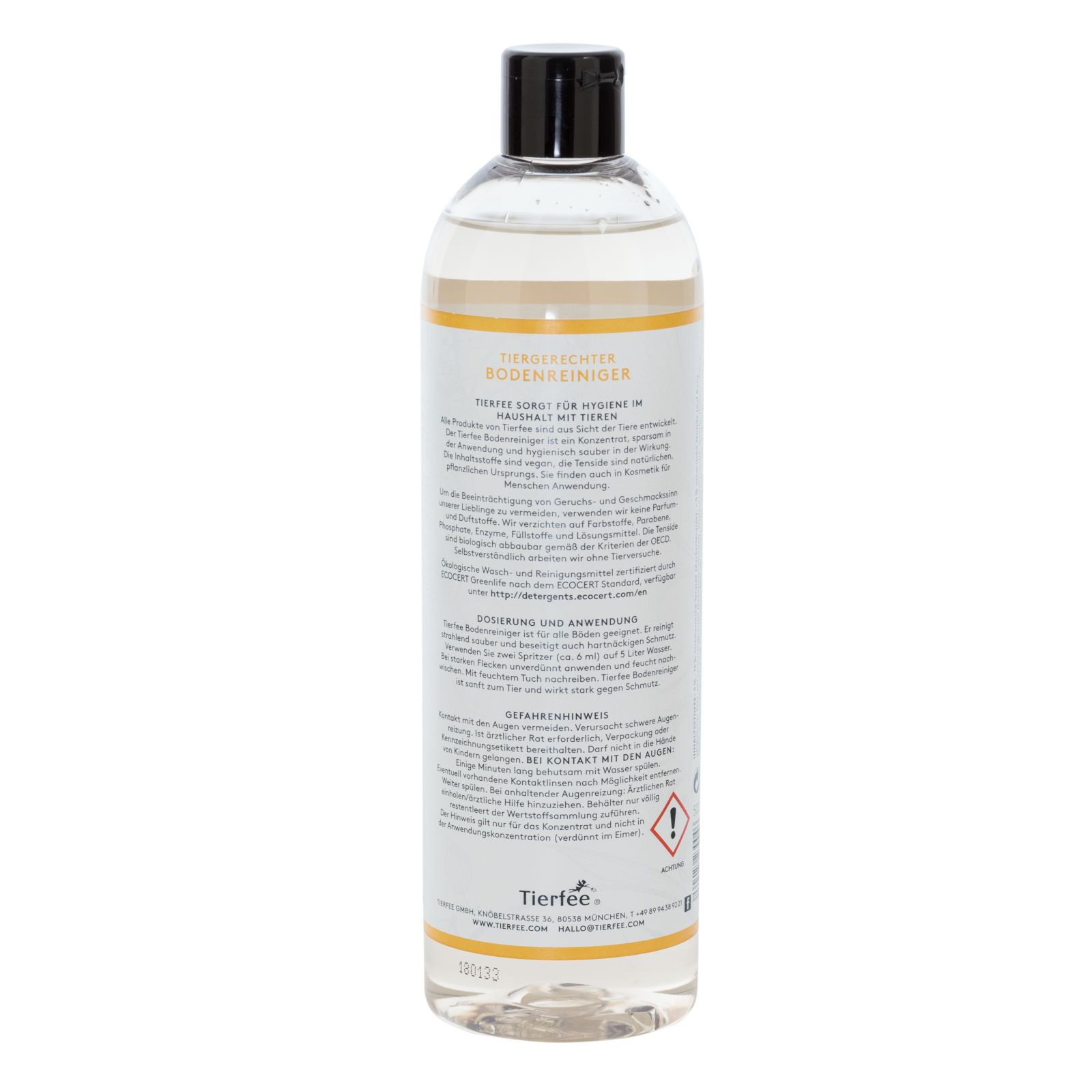 Rückseite einer Reinigerflasche. Aufschrift: Tierfee. Text in deutscher Sprache. Transparente Flasche mit schwarzem Deckel.