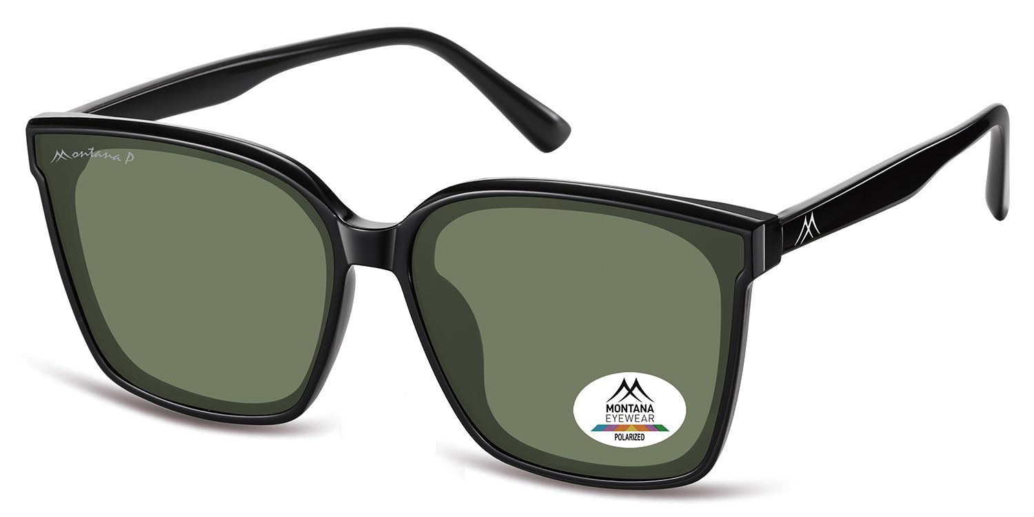 Schwarze Sonnenbrille mit grünen Gläsern. Montana Eyewear Logo auf dem Bügel und Glas. Polarisierte Gläser.