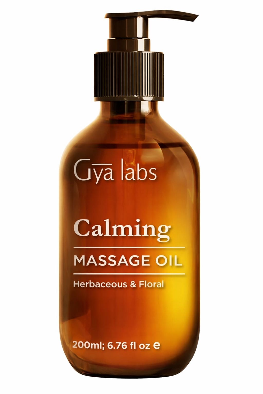 Braune Glasflasche mit Pumpe. Text: Gya Labs Calming Massage Oil. Herbaceous & Floral. 200ml; 6.76 fl oz e.