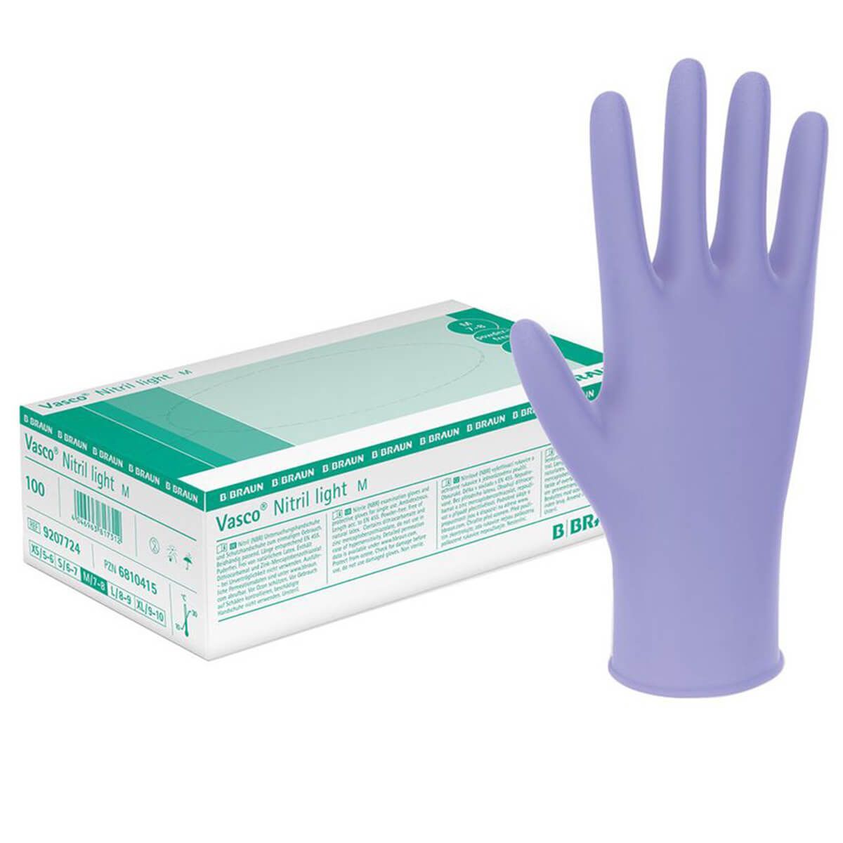 Handschuh aus Nitril, helllila, mit Verpackung. Auf der Verpackung steht Vasco Nitril light M und B. Braun.