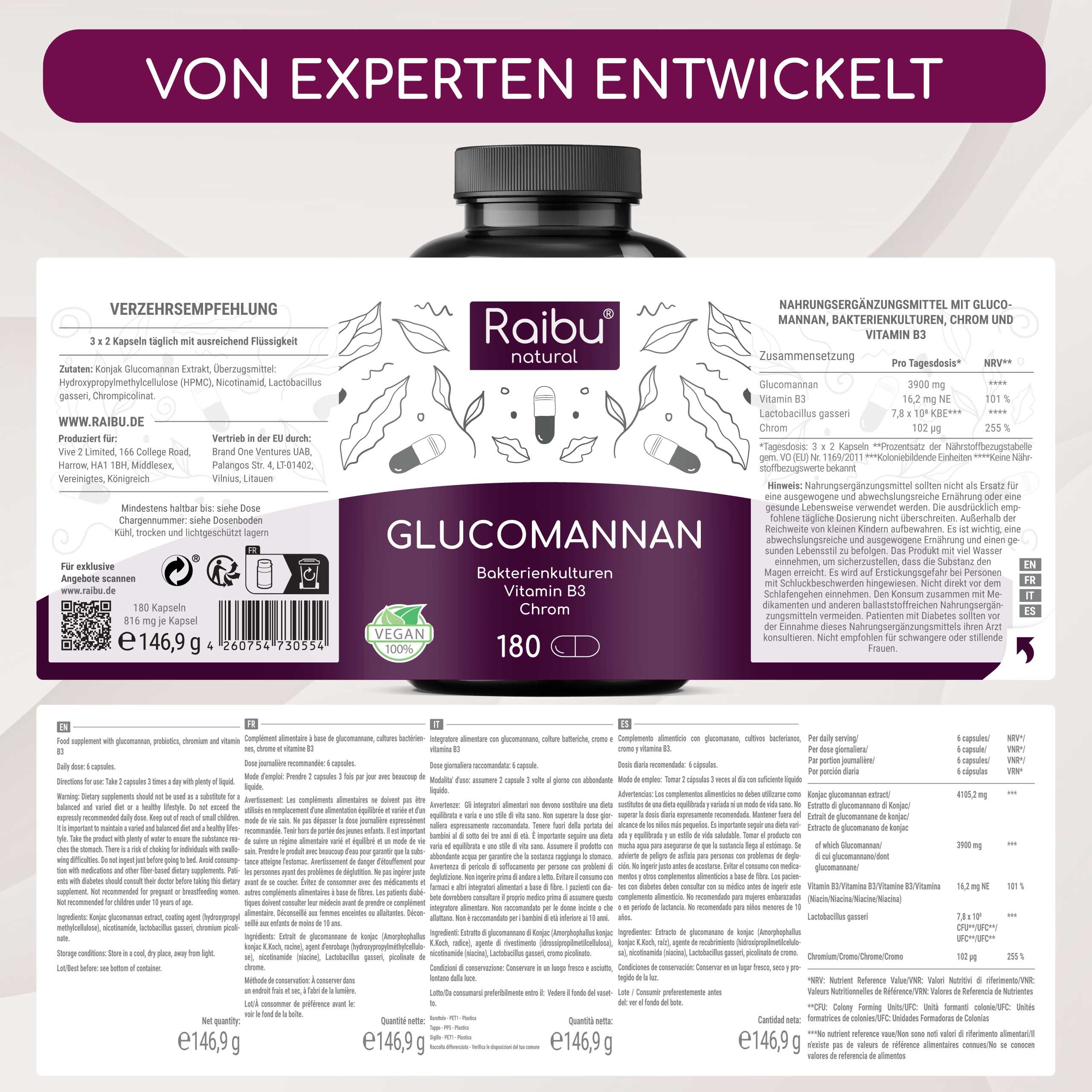 Produktetikett mit Informationen zu Glucomannan, Bakterienkulturen, Vitamin B3 und Chrom. 180 Kapseln.