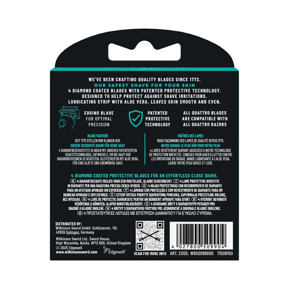 Rückseite einer Wilkinson Sword Quattro 4 Rasierklingenverpackung mit Produktinformationen.