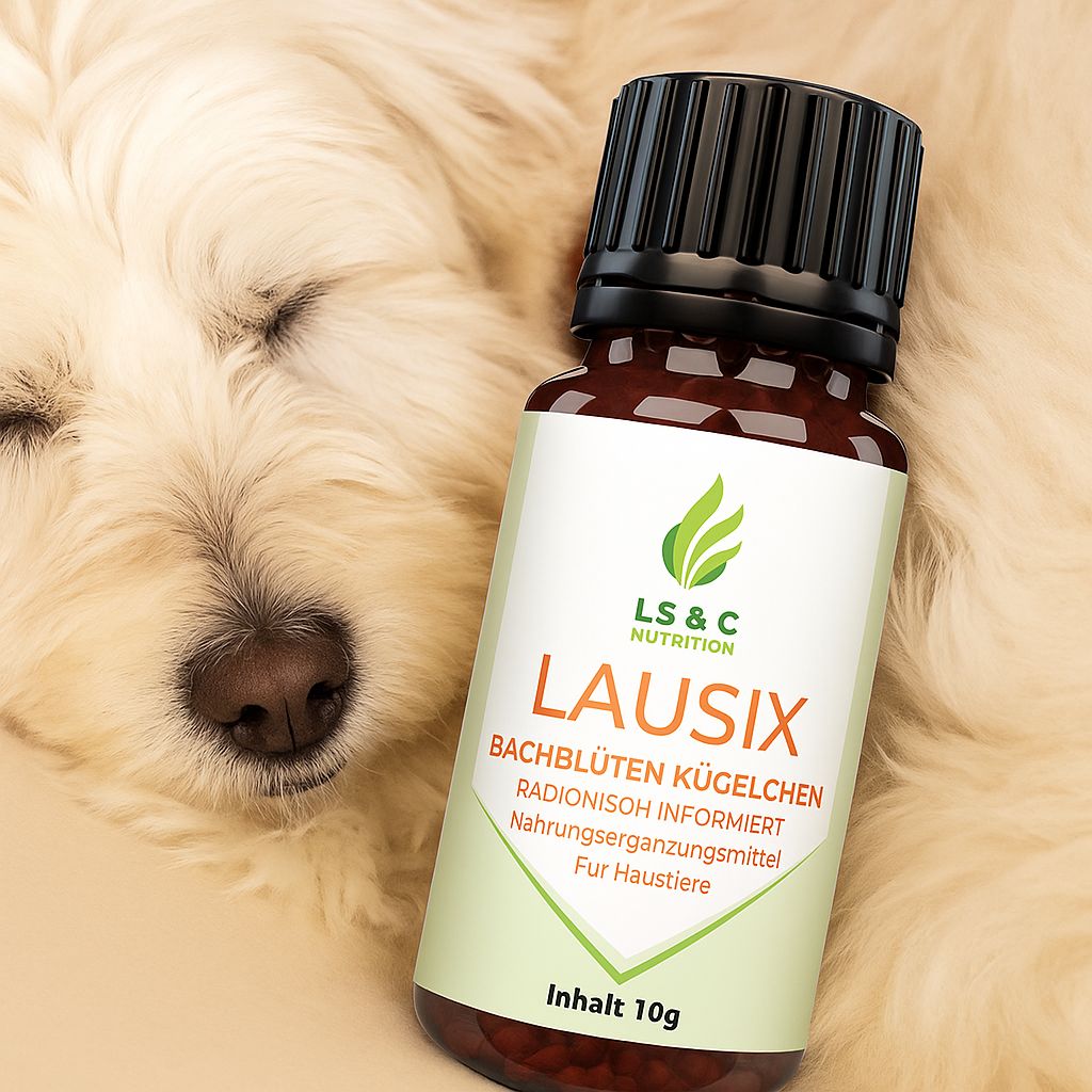 Braune Glasflasche mit schwarzem Deckel. Weißes Etikett mit Logo, Produktname und Text. Hund im Hintergrund.