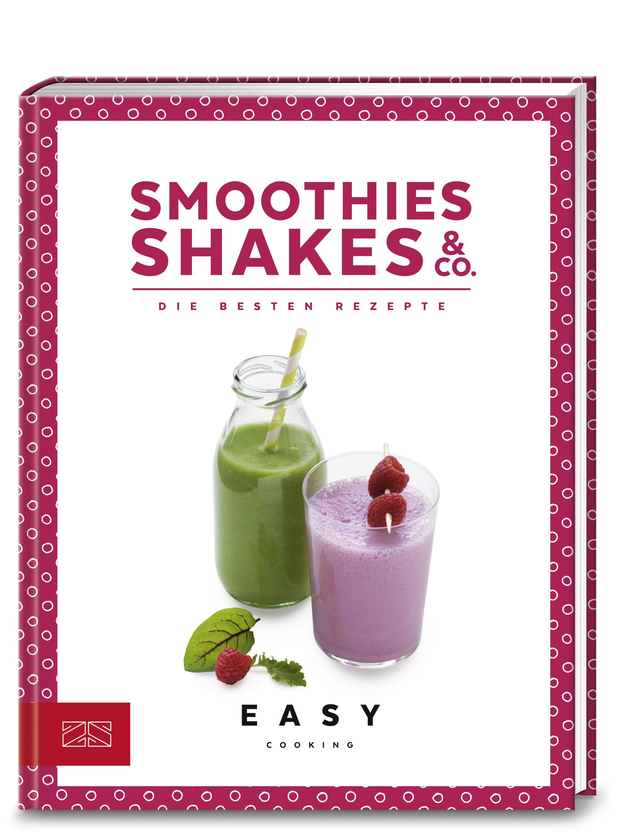 Buchcover mit Titel SMOOTHIES SHAKES & CO. und zwei Getränken. Grün in Flasche, lila im Glas, mit Himbeeren dekoriert. Easy Cooking.
