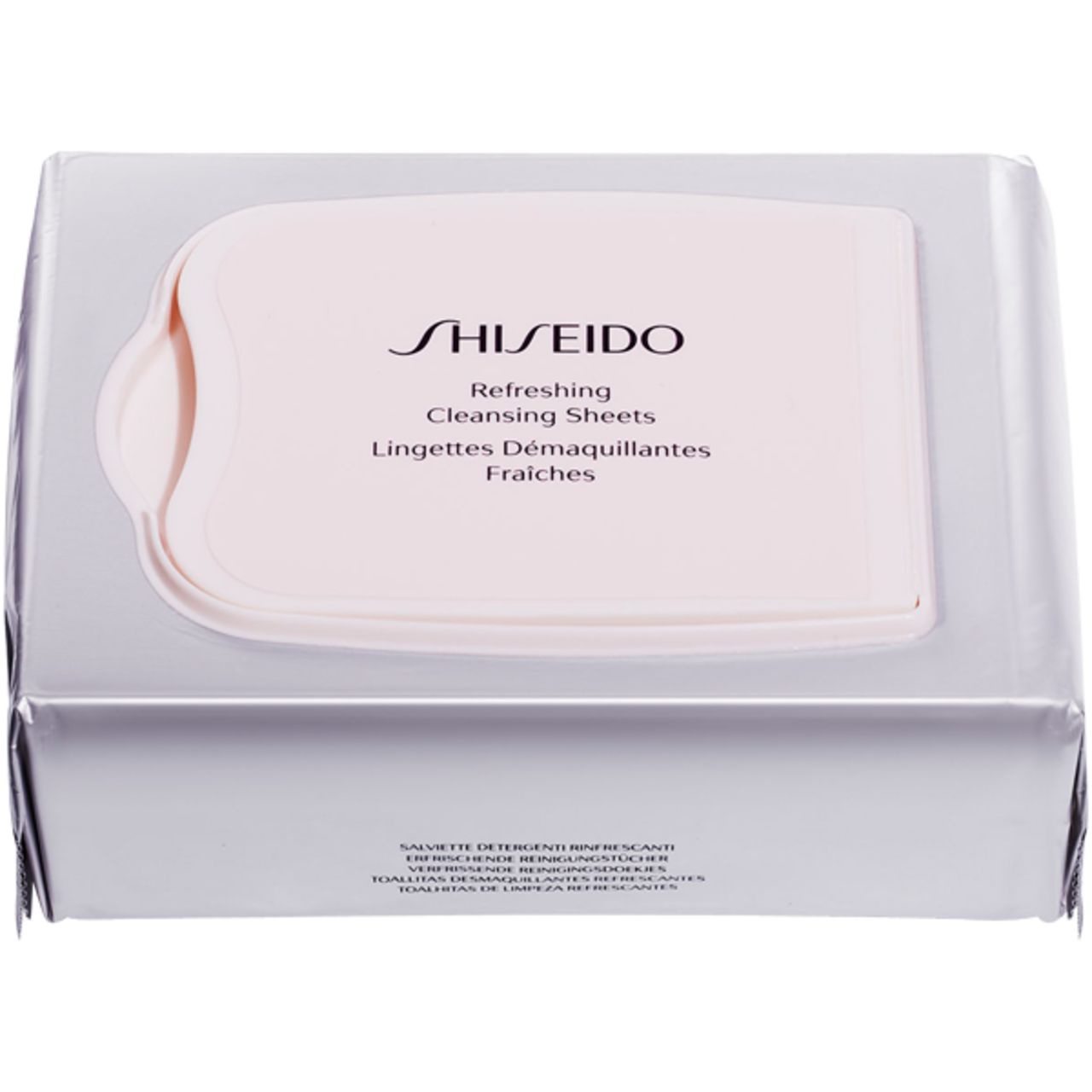 Shiseido Reinigungstücher. Rechteckige Verpackung mit Deckel. Text: Refreshing Cleansing Sheets. Logo.
