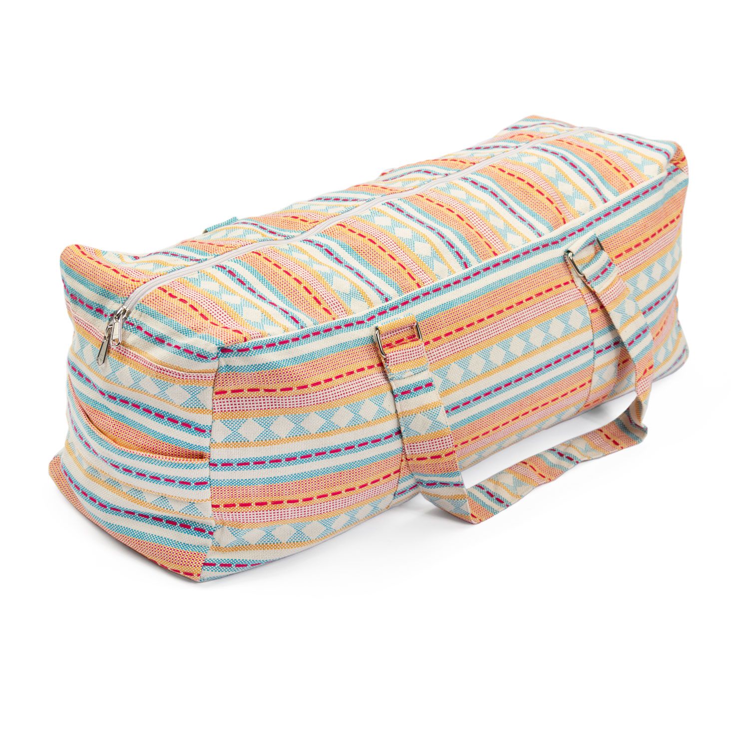 Yoga kit tas van jacquard geweven stof, abrikoos-lichtblauw patroon. Ritssluiting, handvatten. Schuine weergave.