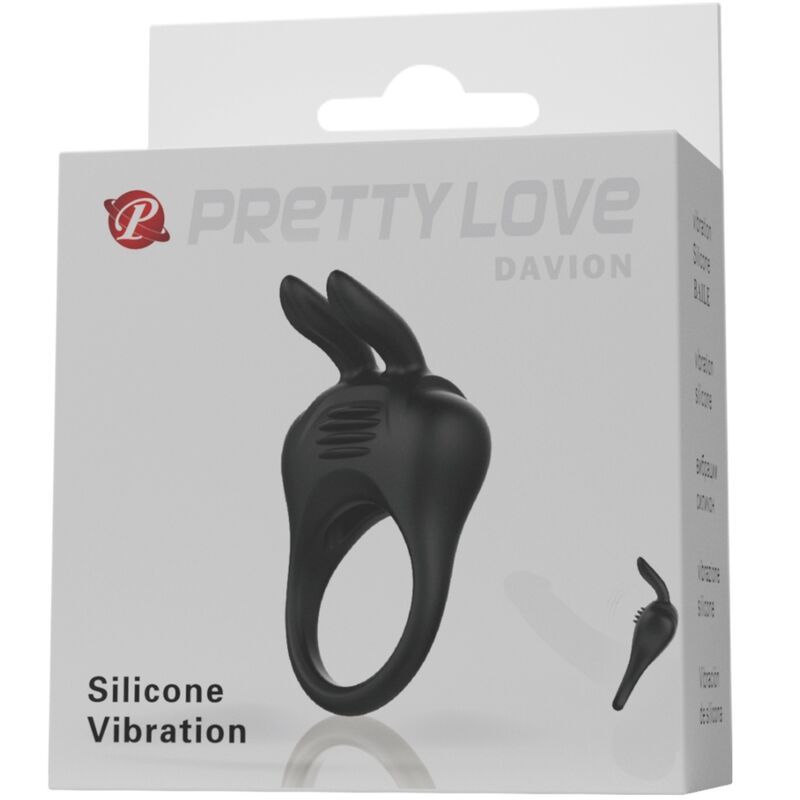 Verpackung mit schwarzem Penisring mit Hasenohren. Aufschrift: Pretty Love Davion, Silicone Vibration.