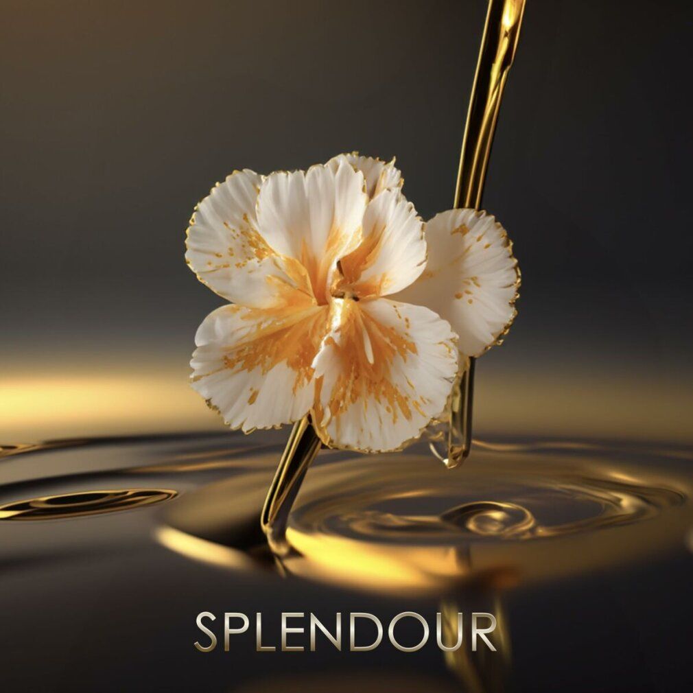 Goldfarbene Flüssigkeit fließt auf eine Blüte. Text: SPLENDOUR.