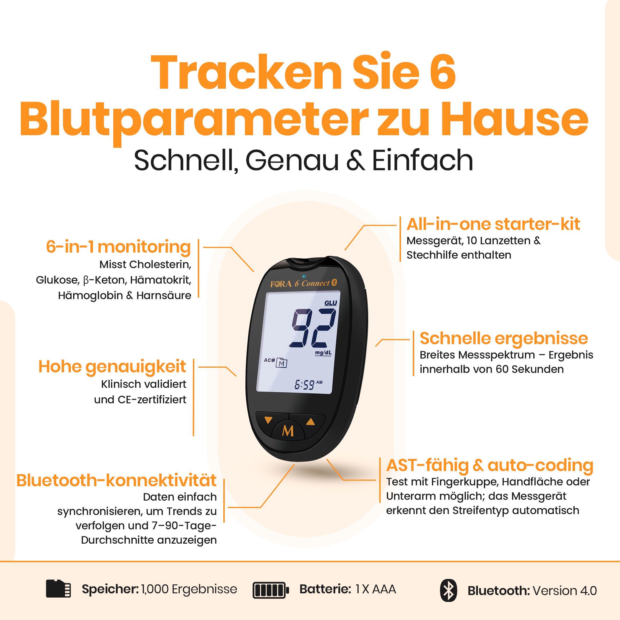 Infografik: FORA 6 Connect. 6-in-1-Monitoring, Bluetooth-Konnektivität, Speicher, Batterie. CE-Zertifizierung. Schnelle Ergebnisse.