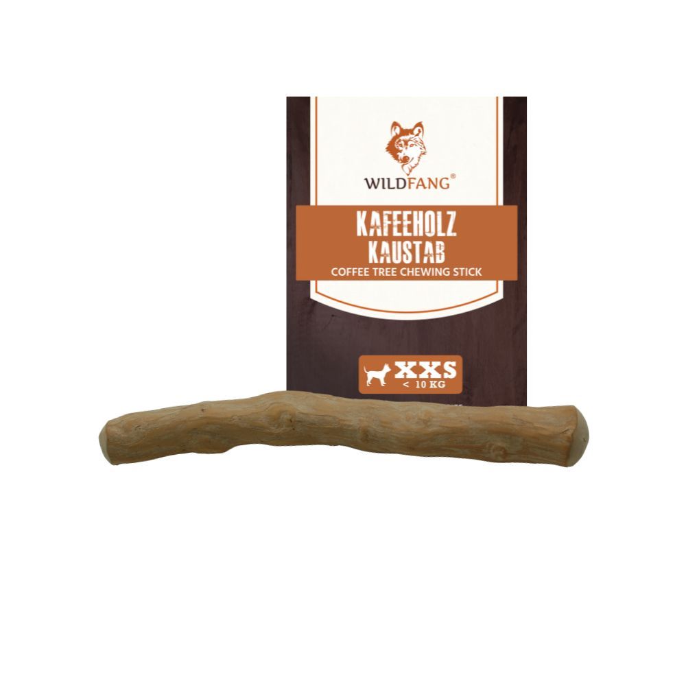 Kaffeeholz-Kaustab, braun, länglich. Verpackung mit Logo und Produktbezeichnung. Für Hunde bis 10 kg.