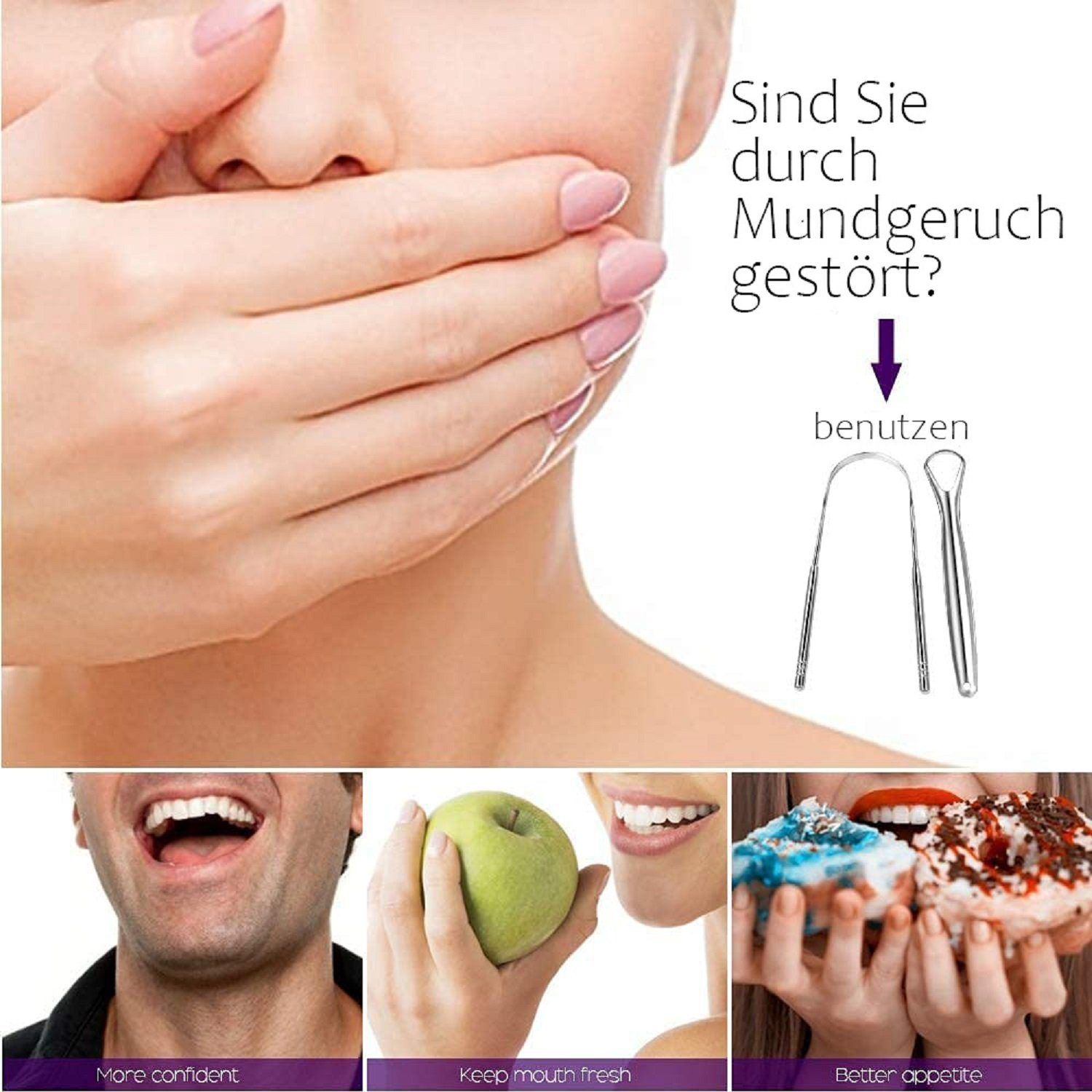 Frau hält Hand vor Mund. Zungenschaber-Set und Bilder von glücklichen Menschen.