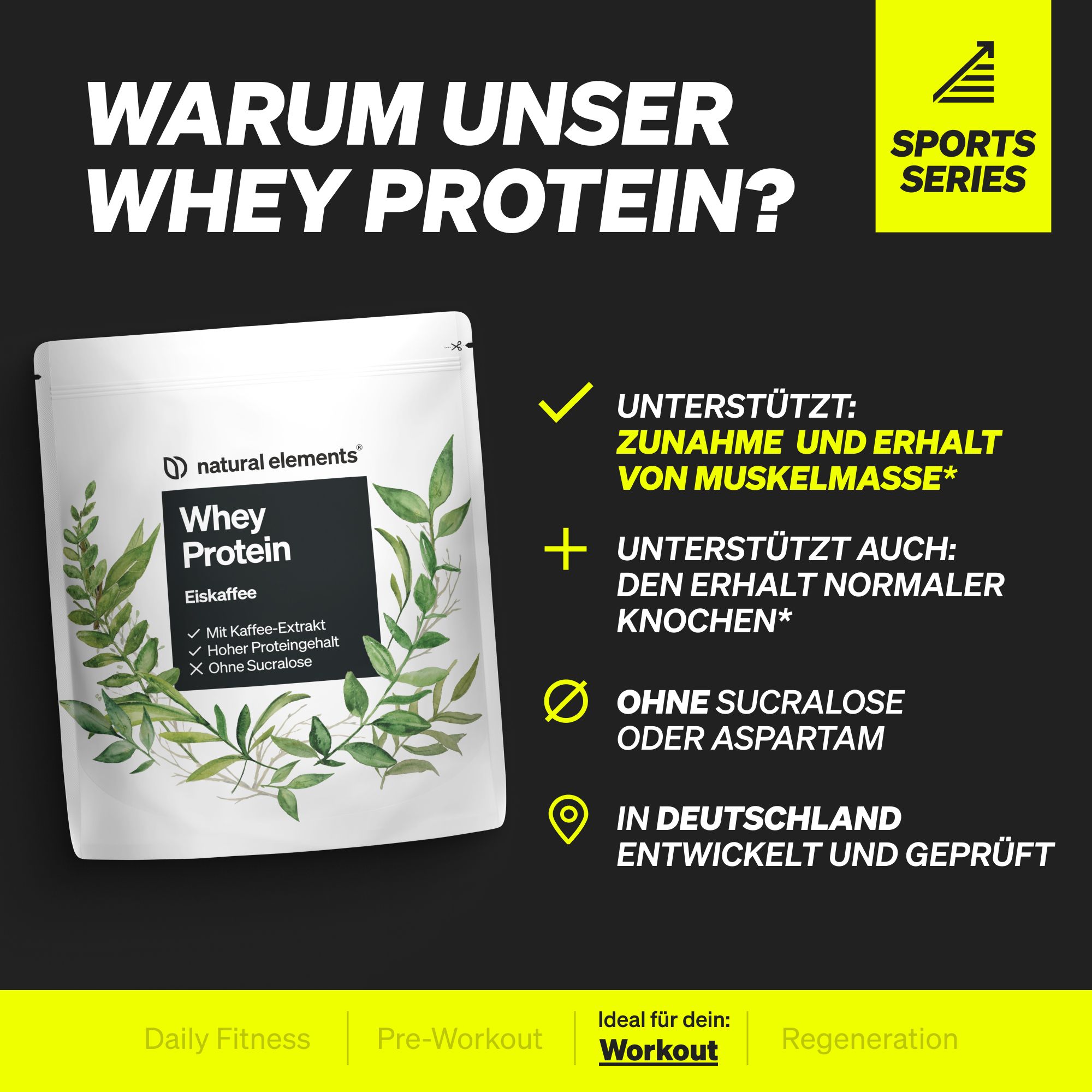 Schwarzer Hintergrund mit Text: WARUM UNSER WHEY PROTEIN? Abgebildet: Whey Protein Eiskaffee Beutel. Logo: natural elements. Sports Series.