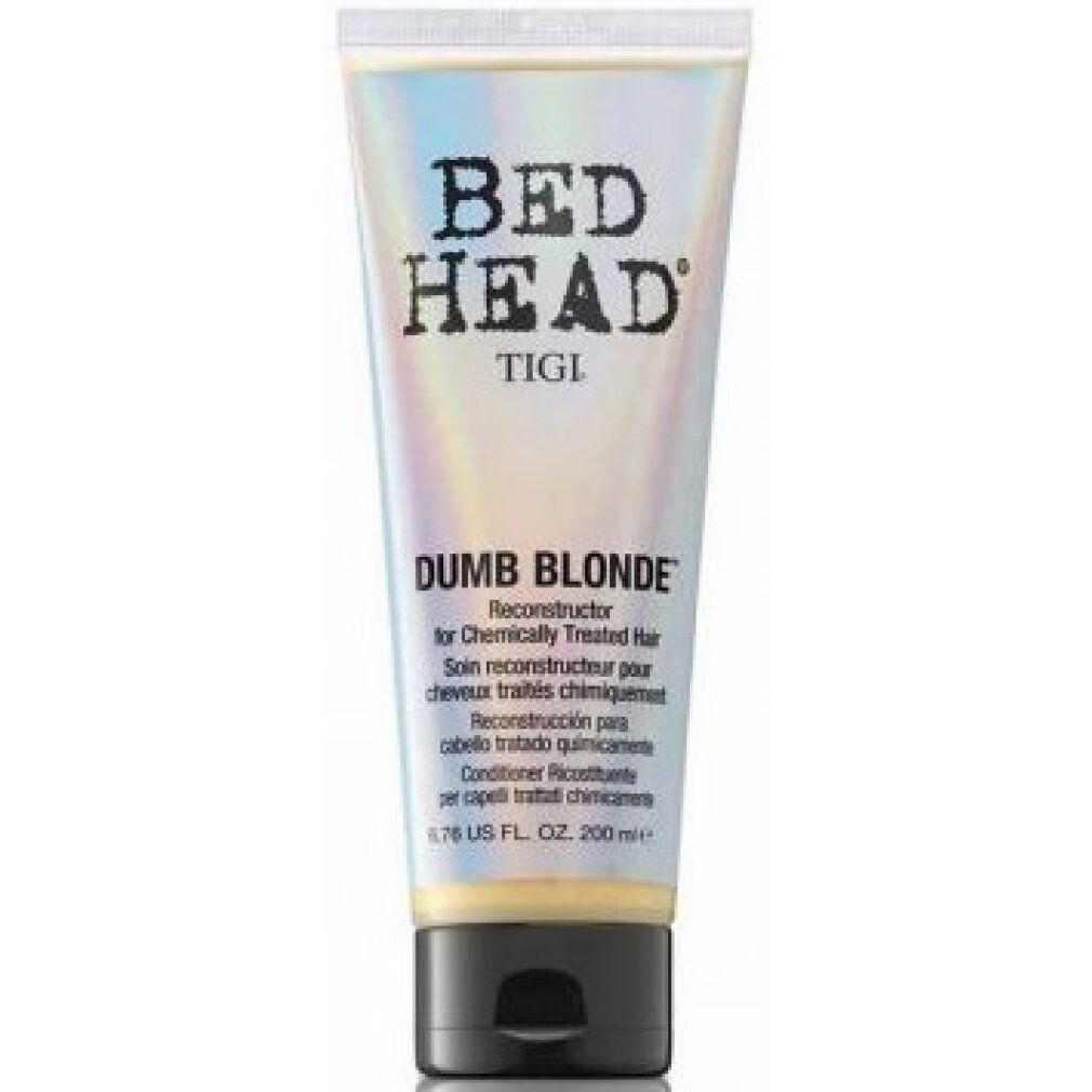 Tigi Bed Head Dumb Blonde Haarspülung. Tube mit schwarzem Deckel. Text: Dumb Blonde, Reconstructor for Chemically Treated Hair.