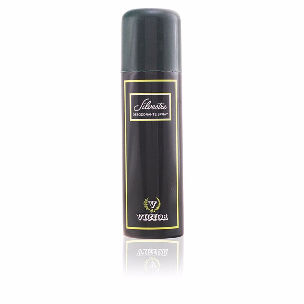 Schwarze Deospray-Dose mit grünem Deckel. Aufschrift "Silvestre" und "Victor".