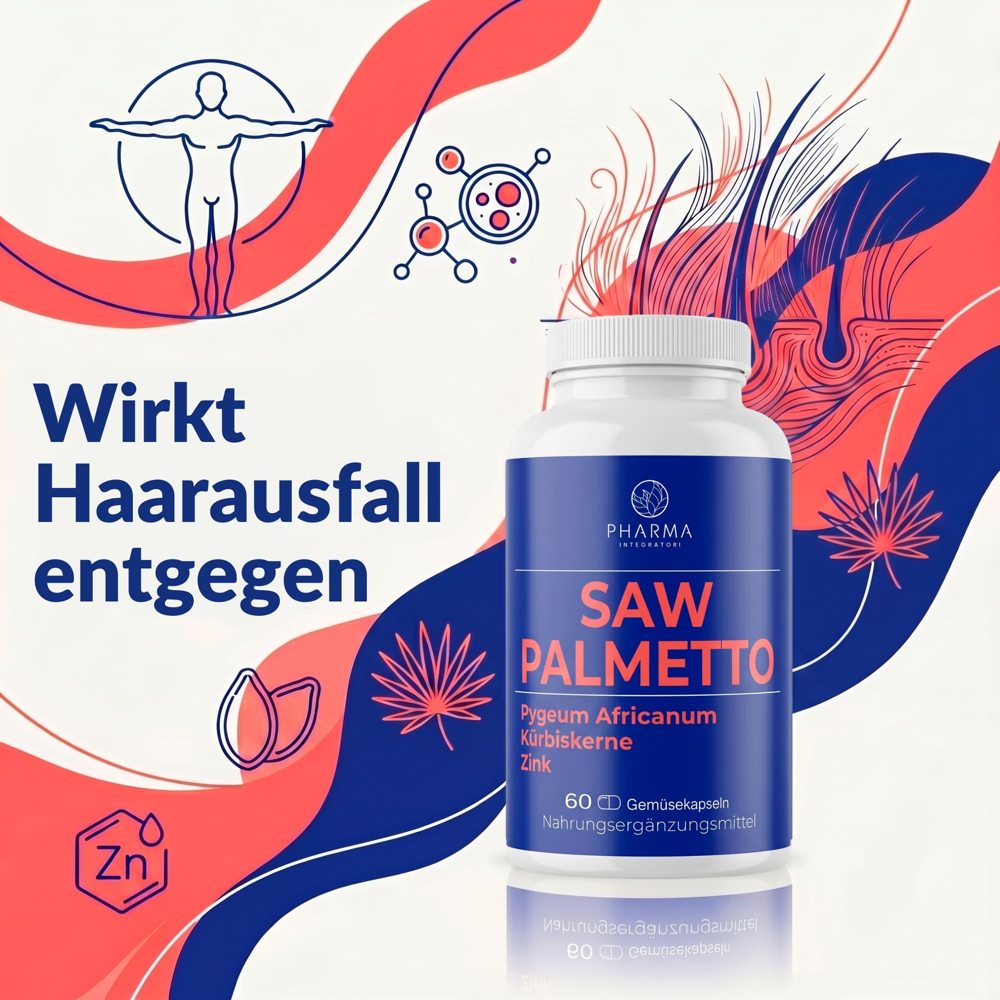 Serenoa Repens Flasche und Verpackung mit Grafik gegen Haarausfall.