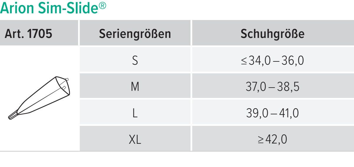 Arion Sim Slide® Anziehhilfe: Größentabelle für Seriengrößen S-XL und Schuhgrößen.