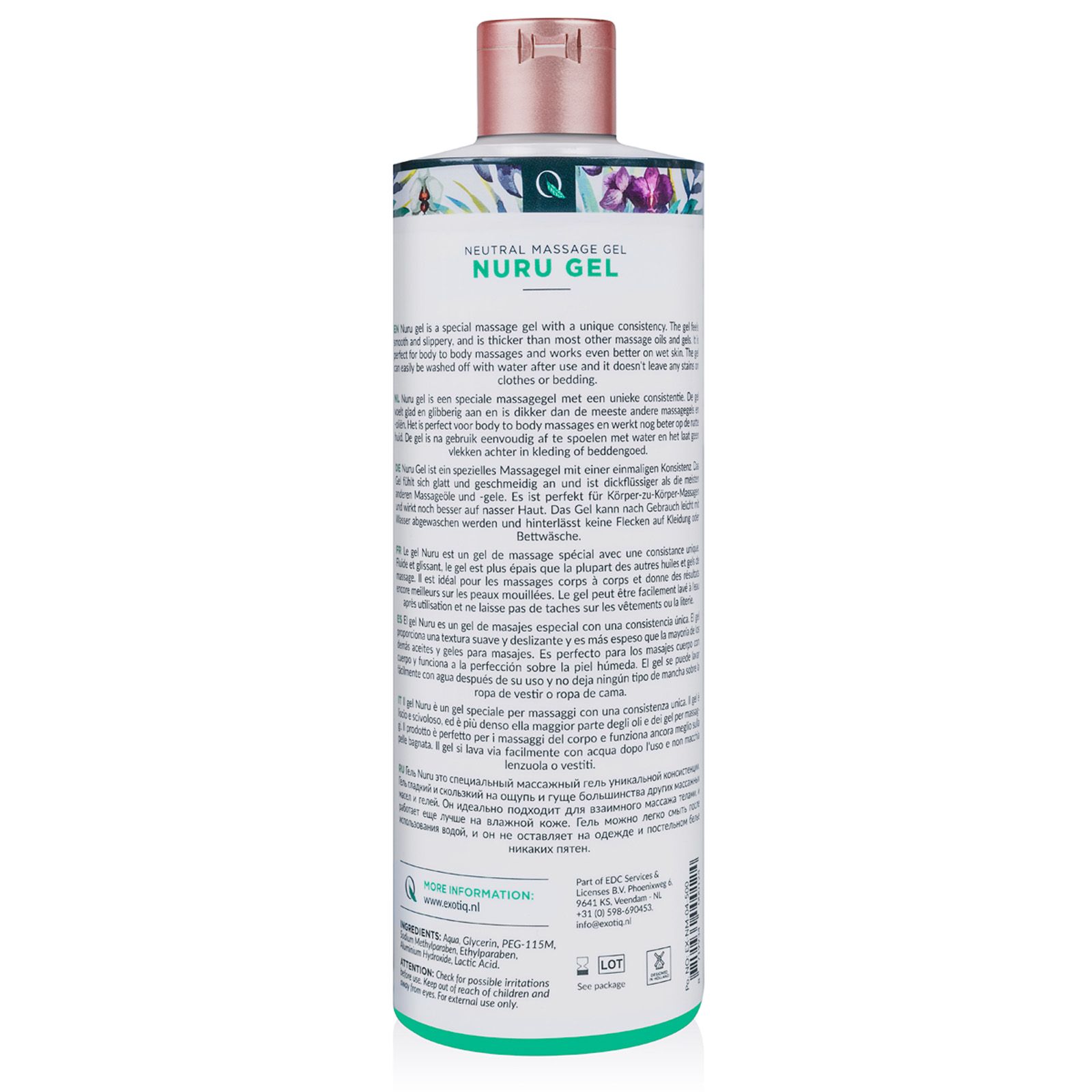 Rückseite einer weißen Flasche mit Text. "Nuru Gel" und Informationen zum Produkt sind sichtbar.