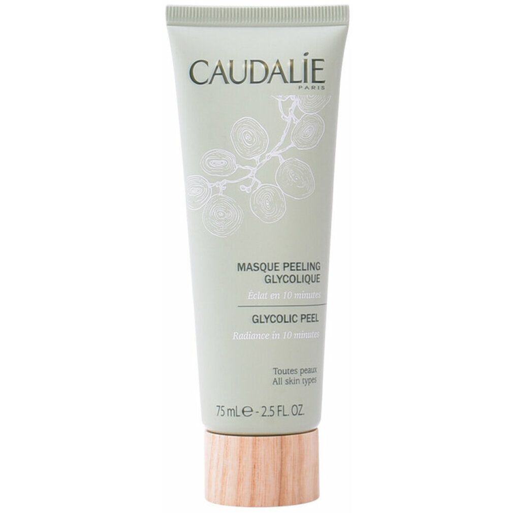 Hellgrüne Tube mit Produkttext. Aufschrift: CAUDALIE, MASQUE PEELING GLYCOLIQUE, GLYCOLIC PEEL. Holzfarbener Drehverschluss.