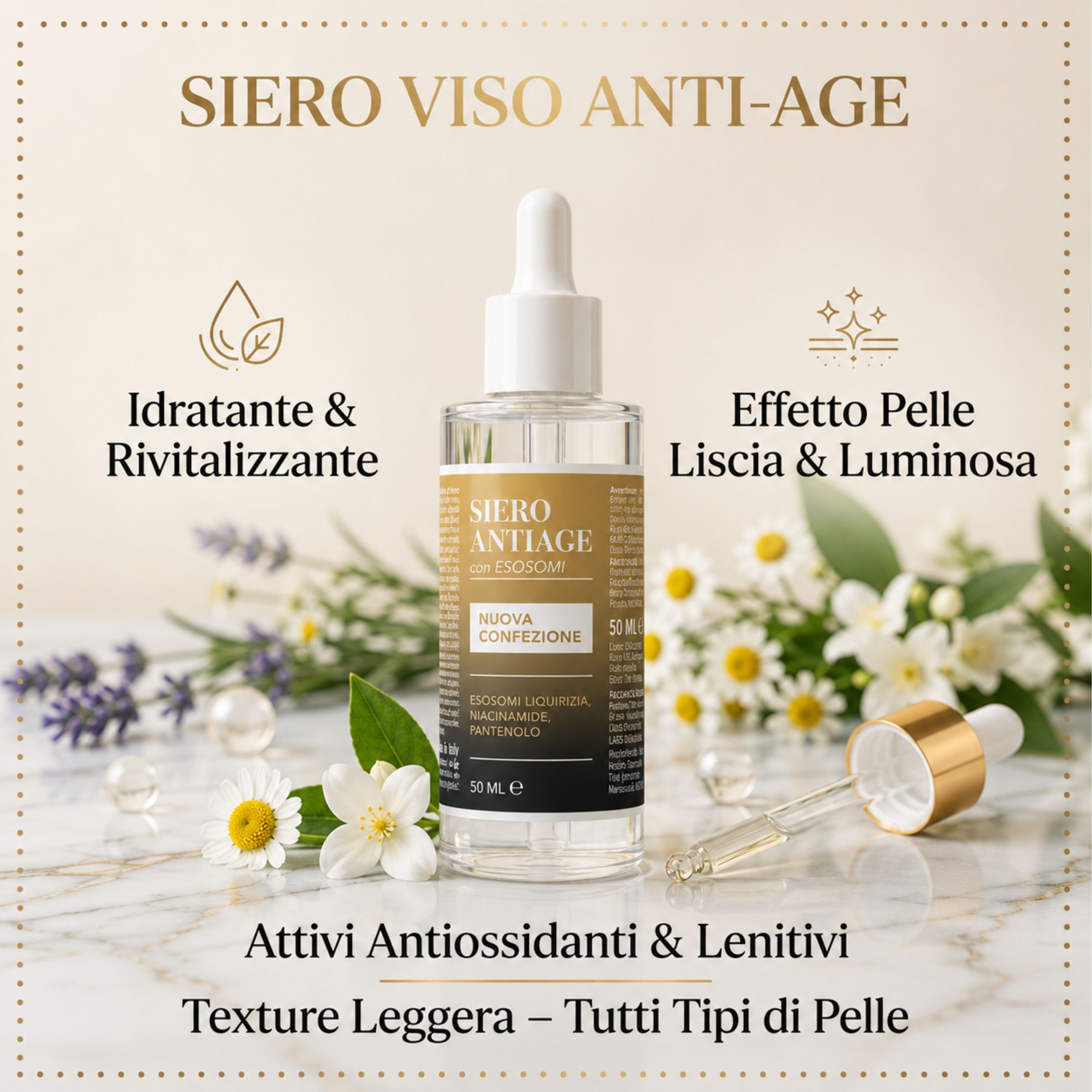 Serumflasche mit Pipette. Aufschrift: Siero Antiage con Esosomi. Mit Blumen und Text über Eigenschaften.