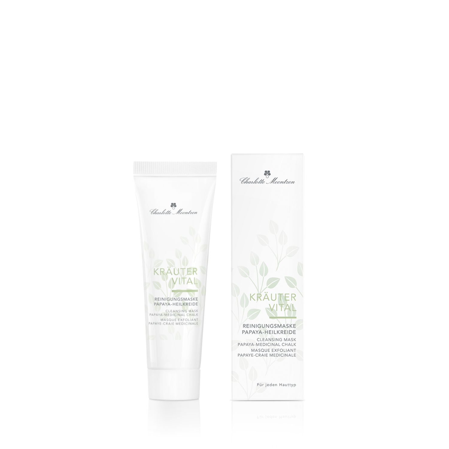 Charlotte Meentzen Kräutervital Reinigungsmaske Papaya-Heilkreide. Tube und Verpackung. Produktnamen und Logo.