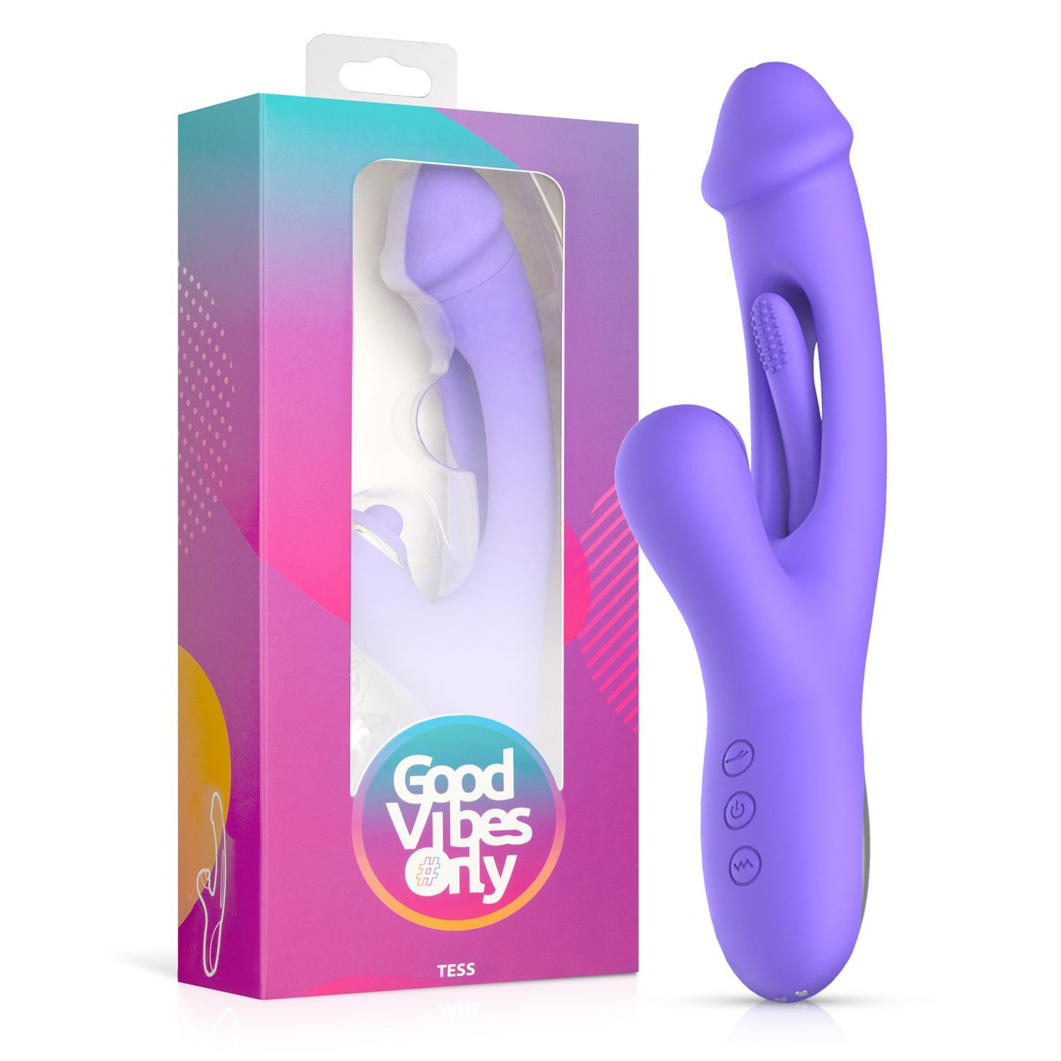 Vibrateur violet avec emballage. Emballage avec fenêtre, nom du produit et logo. Nom du produit : Good Vibes Only - Tess.