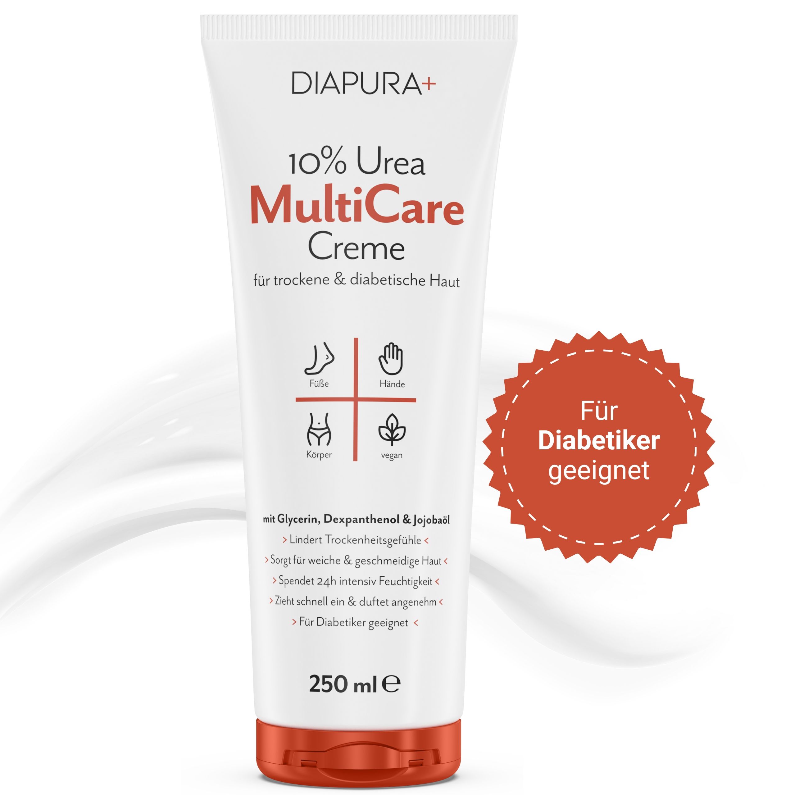 Tube DIAPURA 10% Urea MultiCare Creme. Text: Für Diabetiker geeignet. 250 ml.