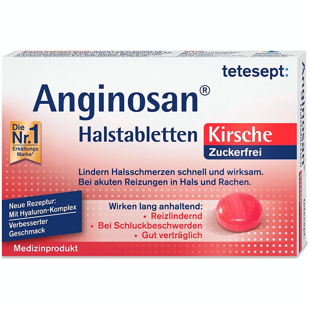 Verpackung von Anginosan Halstabletten Kirsche. Rote Tablette, Marke tetesept. Text: Zuckerfrei, Medizinprodukt.