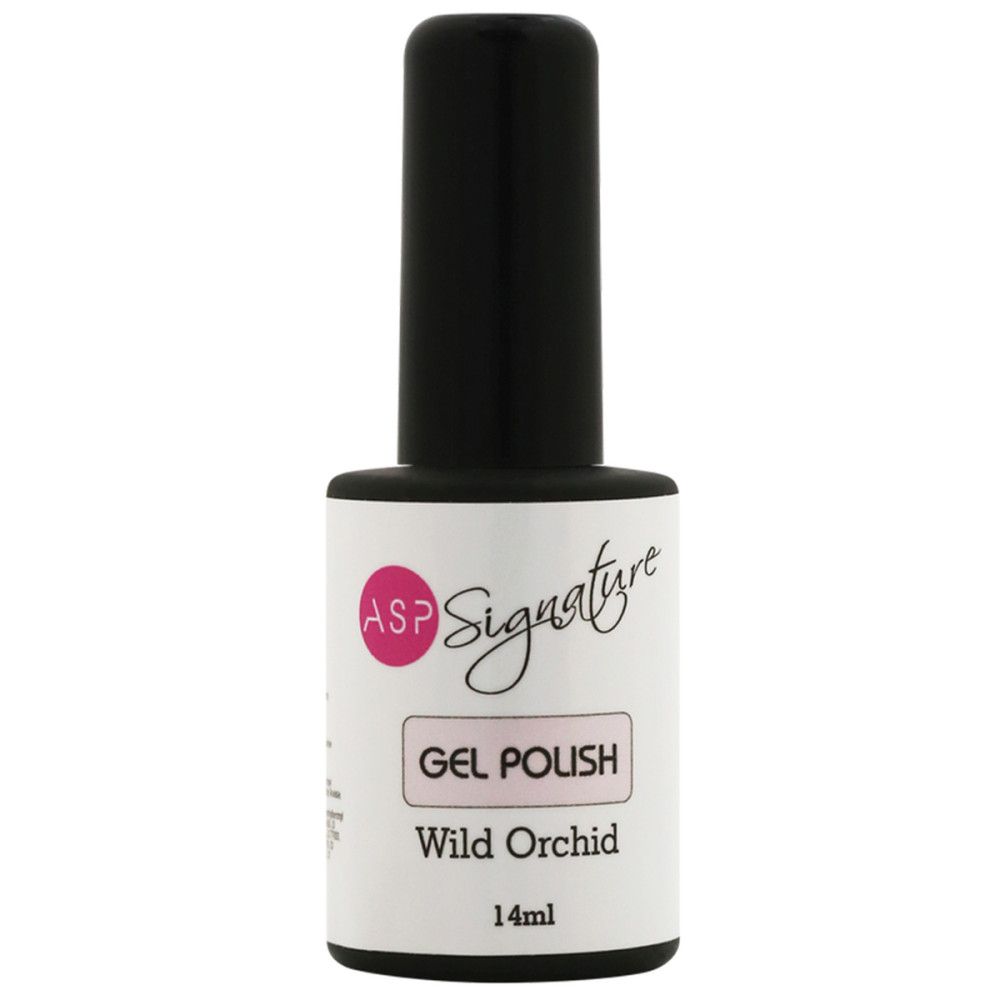 Nagellackflasche mit schwarzem Deckel. Etikett mit "ASP Signature Gel Polish" und "Wild Orchid".