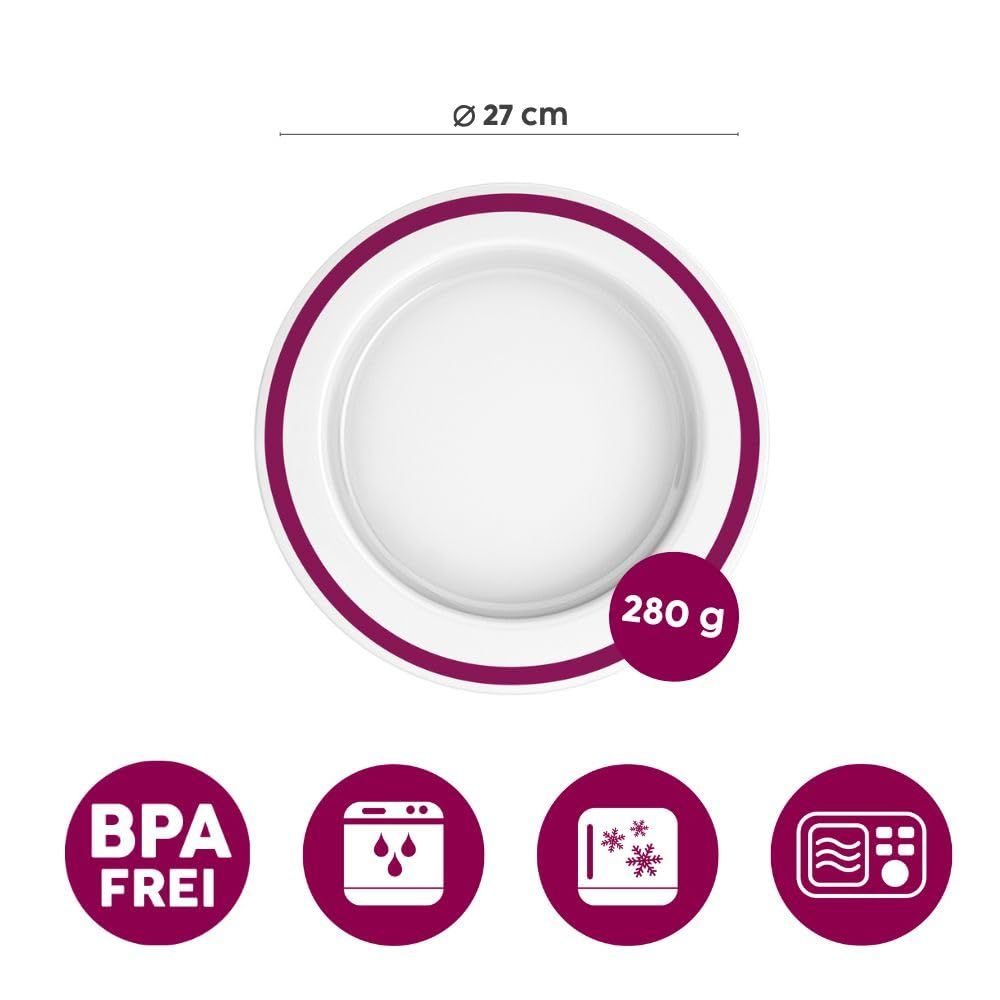 Weißer Teller mit pinkfarbenem Rand. Durchmesser 27 cm, Gewicht 280 g. BPA-frei, spülmaschinen-, gefrier- und mikrowellengeeignet.