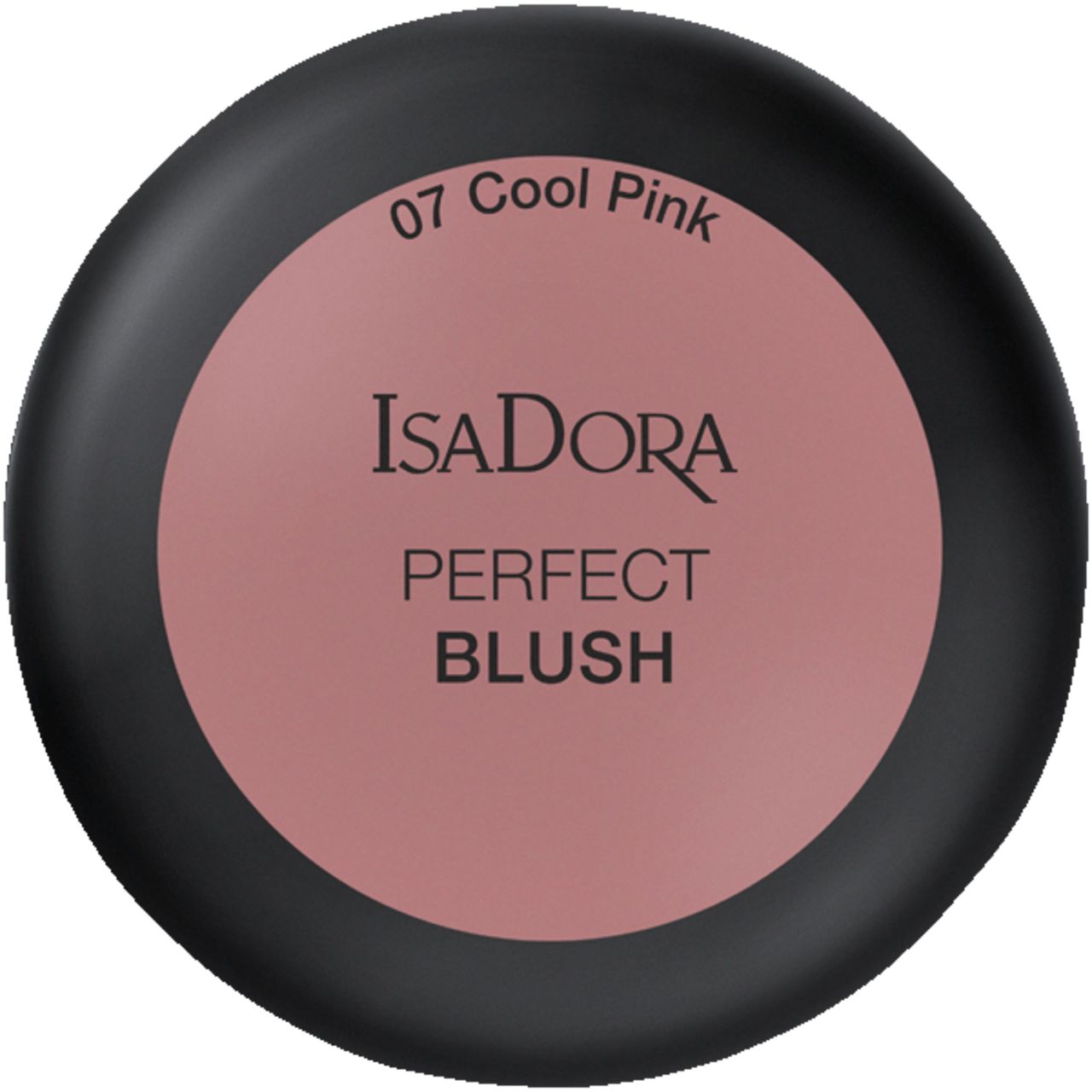 IsaDora Perfect Blush, 07 Cool Pink. Runde, schwarze Dose mit rosafarbenem Rouge. Deckel geschlossen.