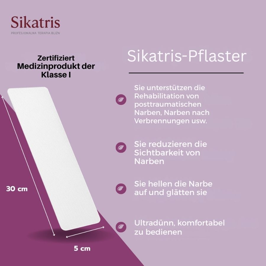 Grafik mit einem Silikonpflaster und Text. Zertifiziertes Medizinprodukt der Klasse I. Maße: 30 cm x 5 cm.