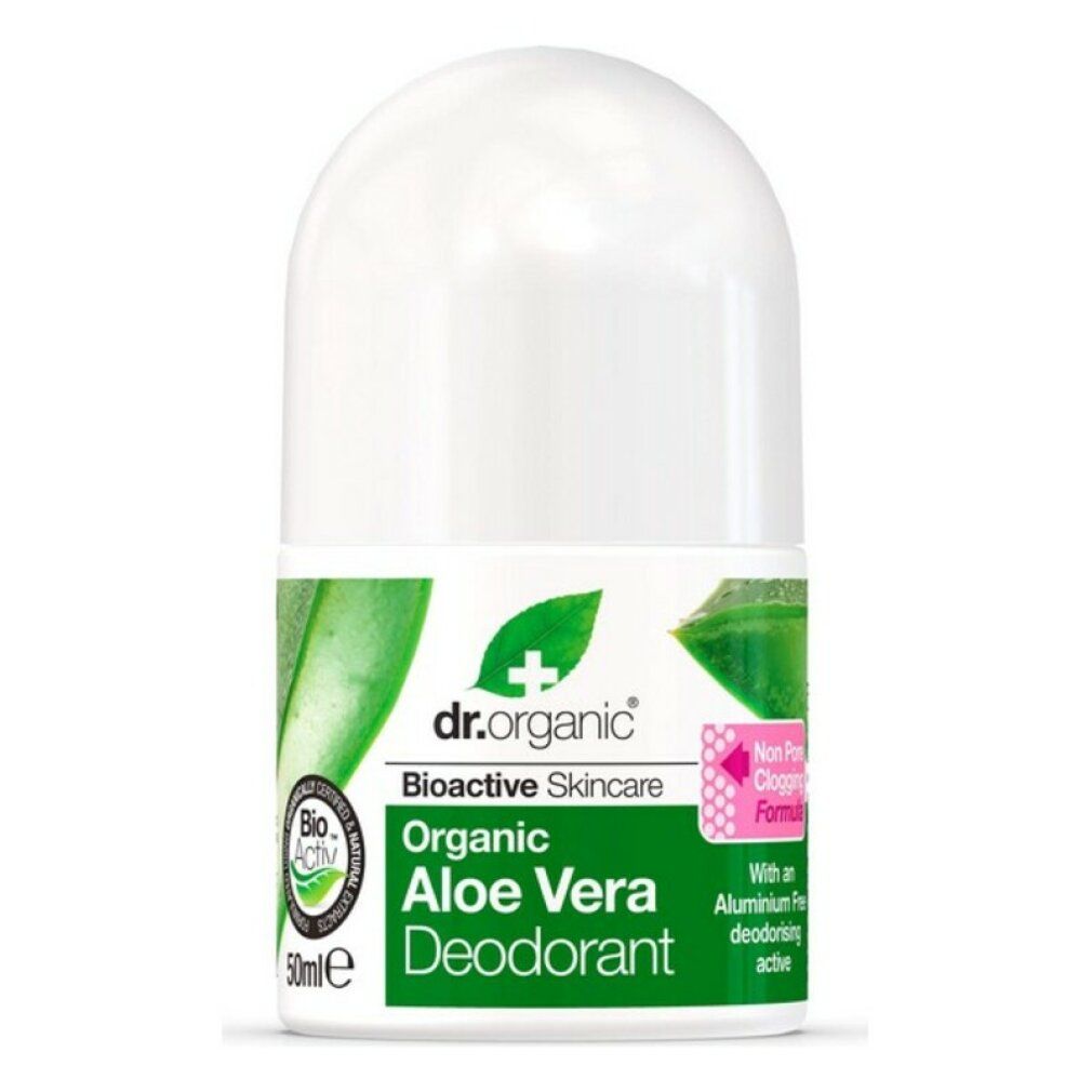 Roll-on-Deodorant. Weißer Behälter mit grünem Etikett. Aufschrift: Aloe Vera Deodorant. Bio-Aktiv-Logo.
