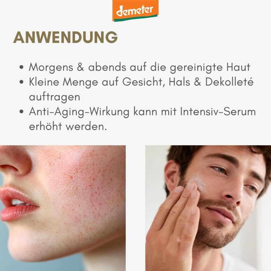 Text: Anwendung. Abbildungen: Haut mit Rötungen, Mann trägt Creme auf. Demeter-Logo.