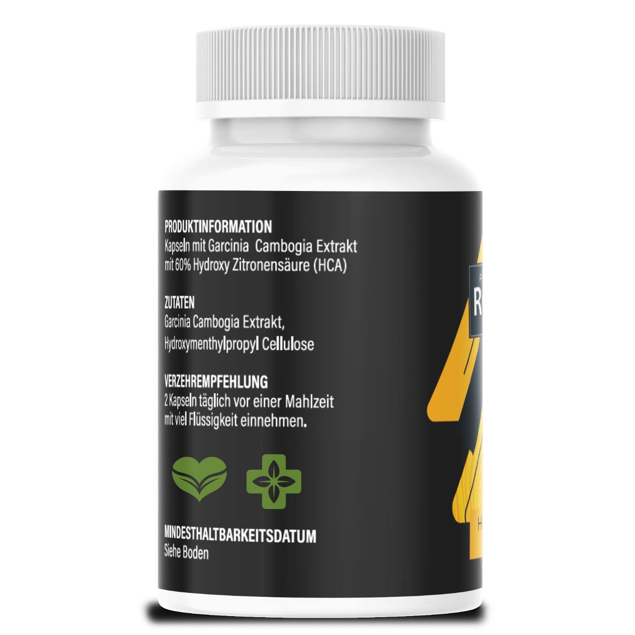 Rückseite einer weißen Flasche mit schwarzem Etikett. Text: Produktinformationen, Zutaten, Verzehrempfehlung, Mindesthaltbarkeitsdatum.