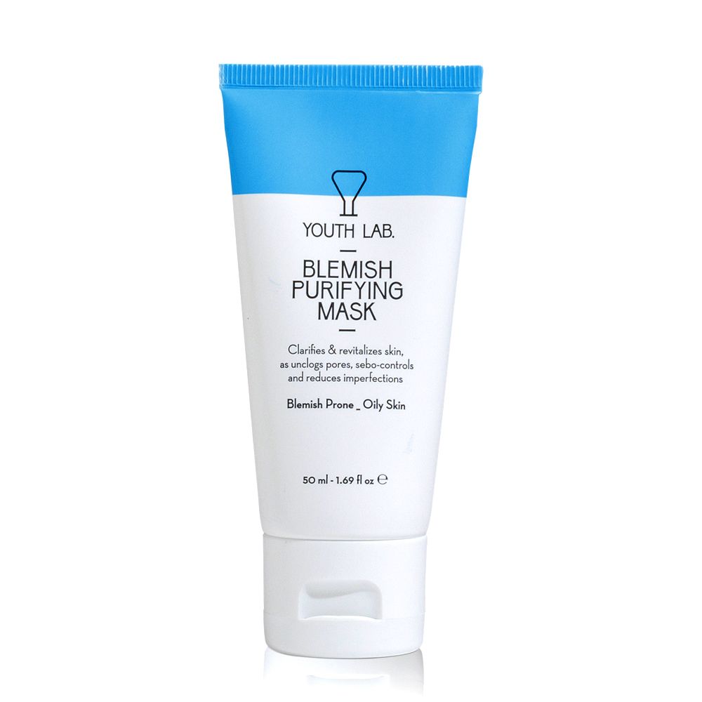 Weiße Tube mit blauem Deckel. Aufschrift: YOUTH LAB Blemish Purifying Mask. Text: Klärt & revitalisiert die Haut, verfeinert Poren, reduziert Unreinheiten.