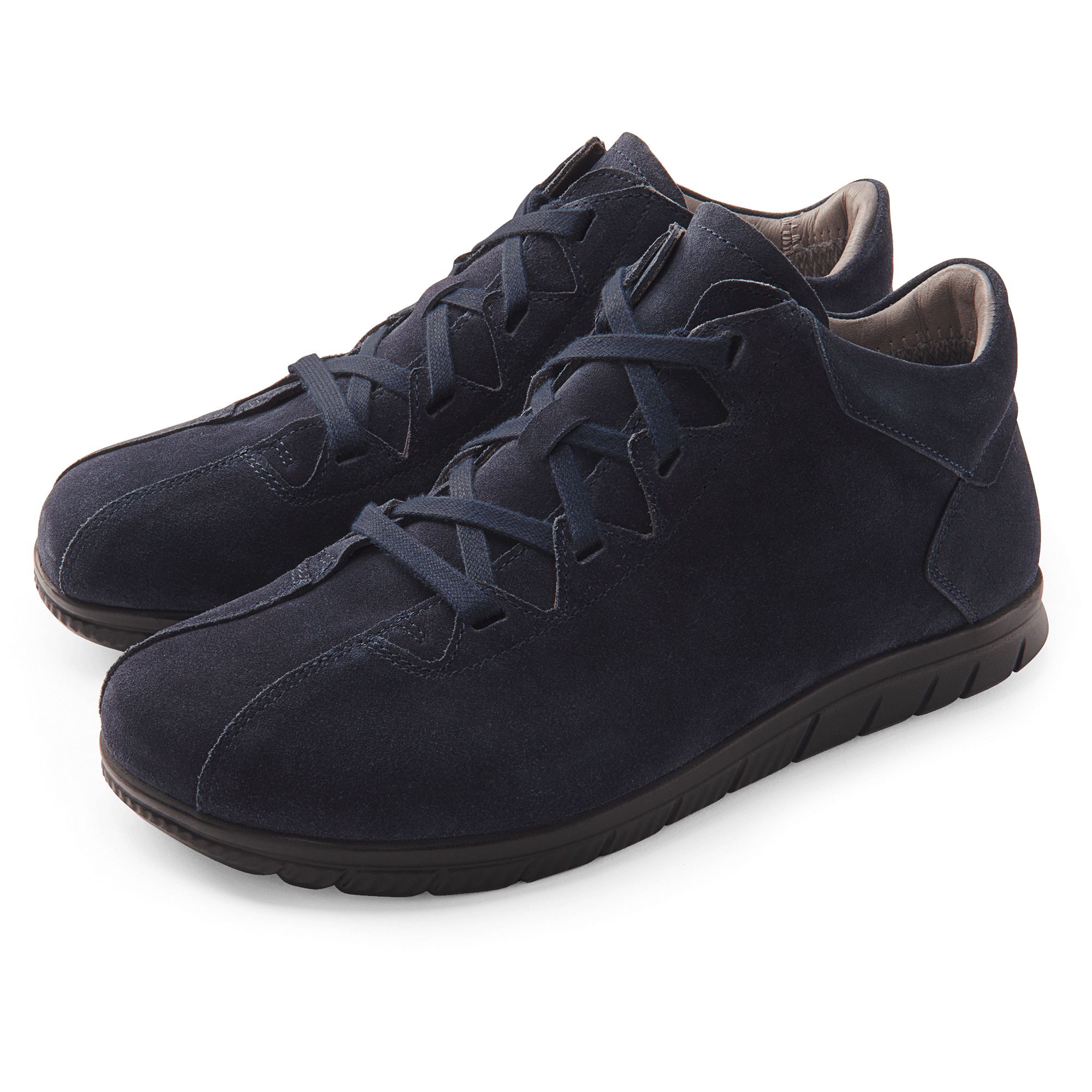 Dunkelblaue Damen-Stiefeletten aus Wildleder, Paaransicht. Schnürung und Reißverschluss. Bequeme Weite.
