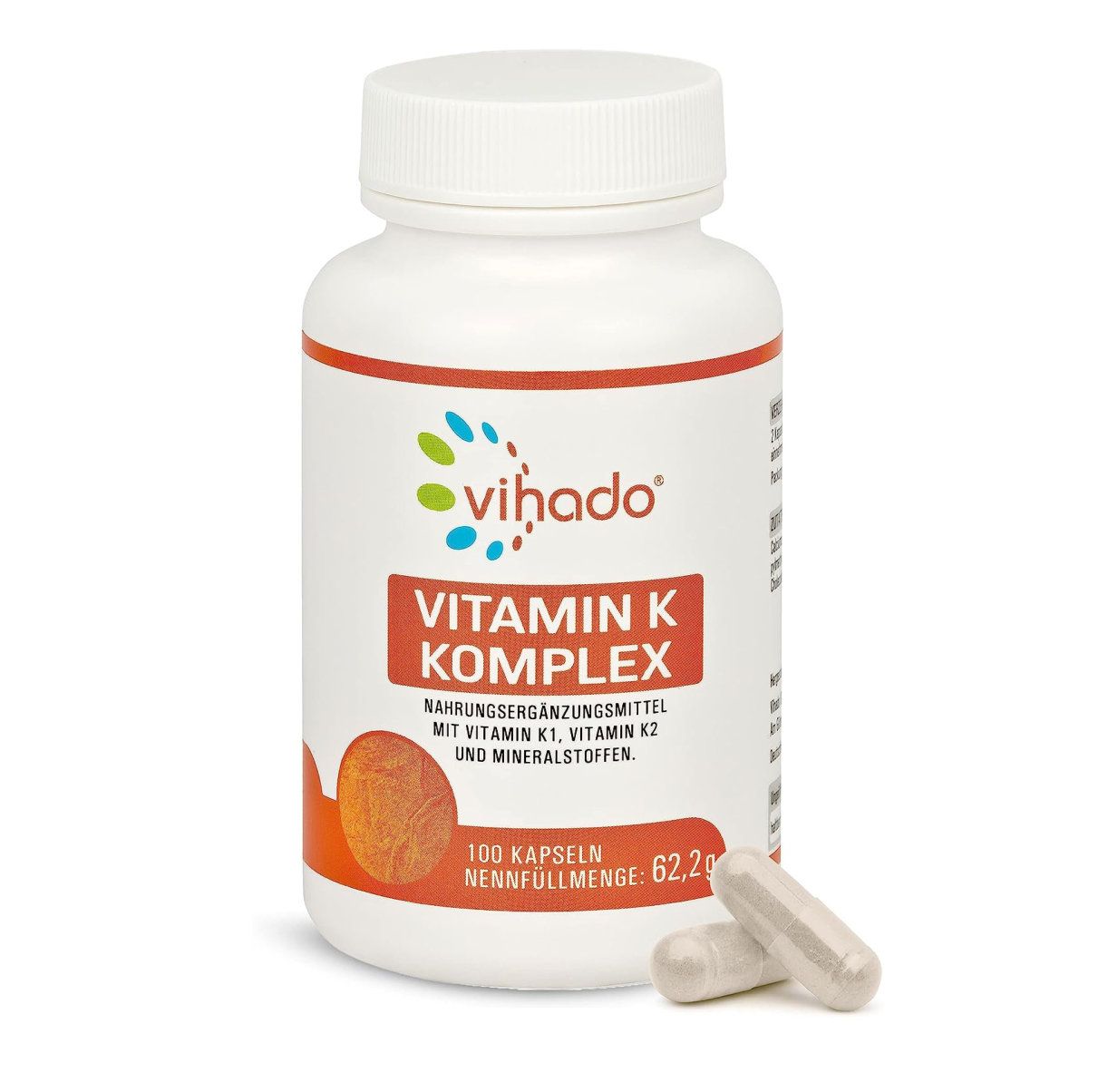 Weiße Flasche mit Vihado-Etikett. Enthält Vitamin K Komplex. Aufschrift: 100 Kapseln, 62,2g. Zwei Kapseln liegen daneben.