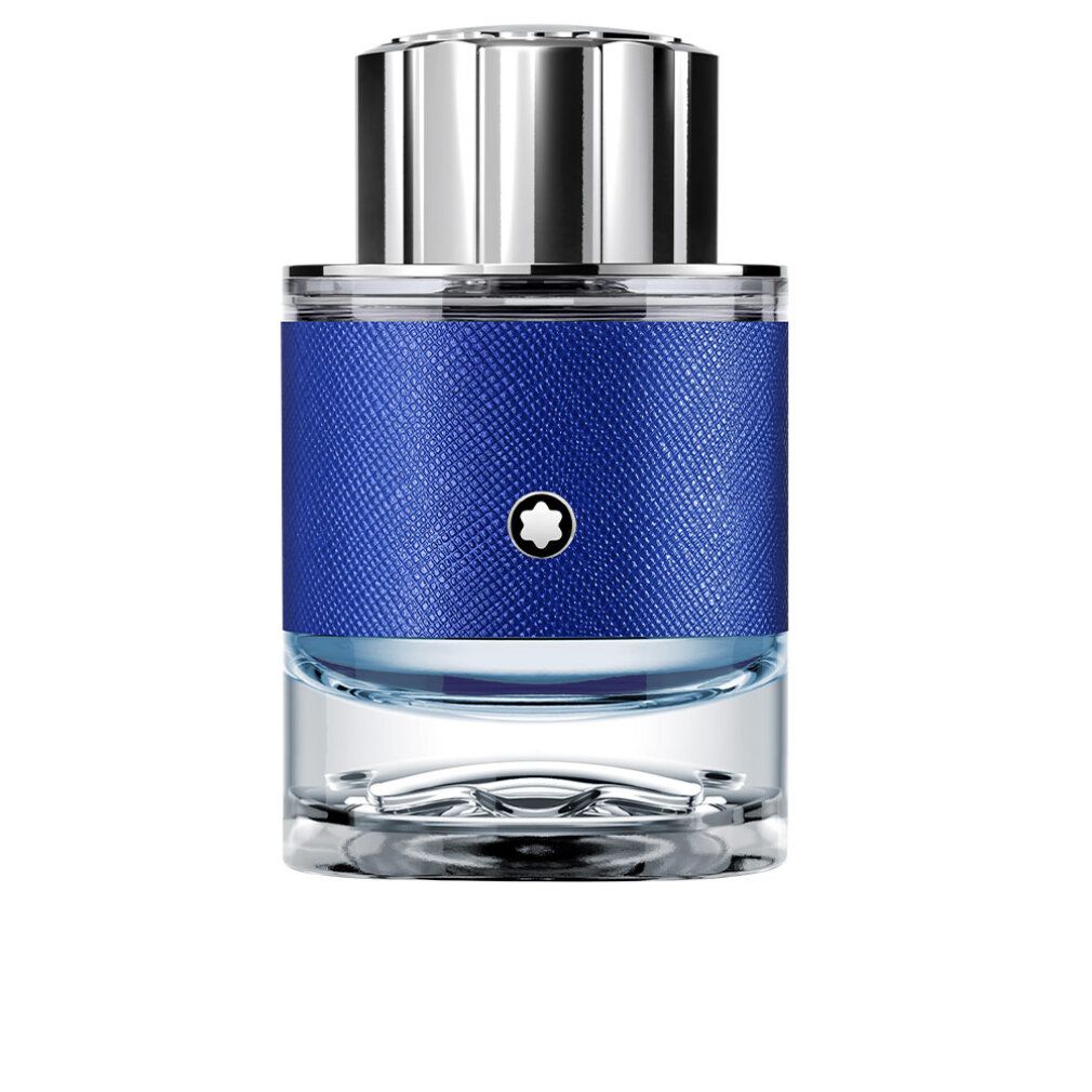 Blauer Glasflakon mit silbernem Deckel. Blaue Textur um den Flakon. Montblanc-Logo. Eau de Parfum.