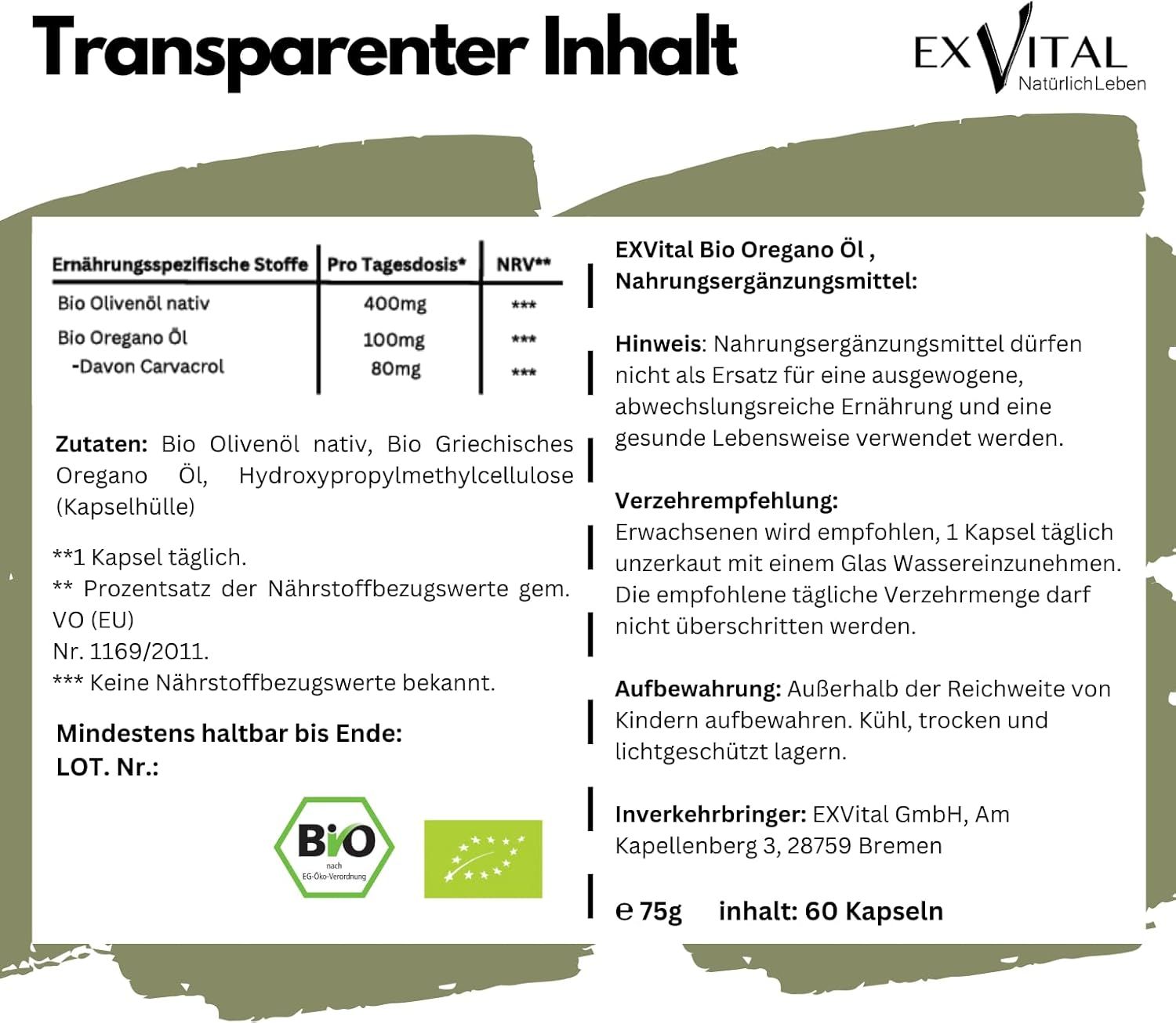 Text auf grünem Hintergrund. Informationen zu Inhaltsstoffen, Nährwerten, Verzehrempfehlung, Aufbewahrung und Hersteller.