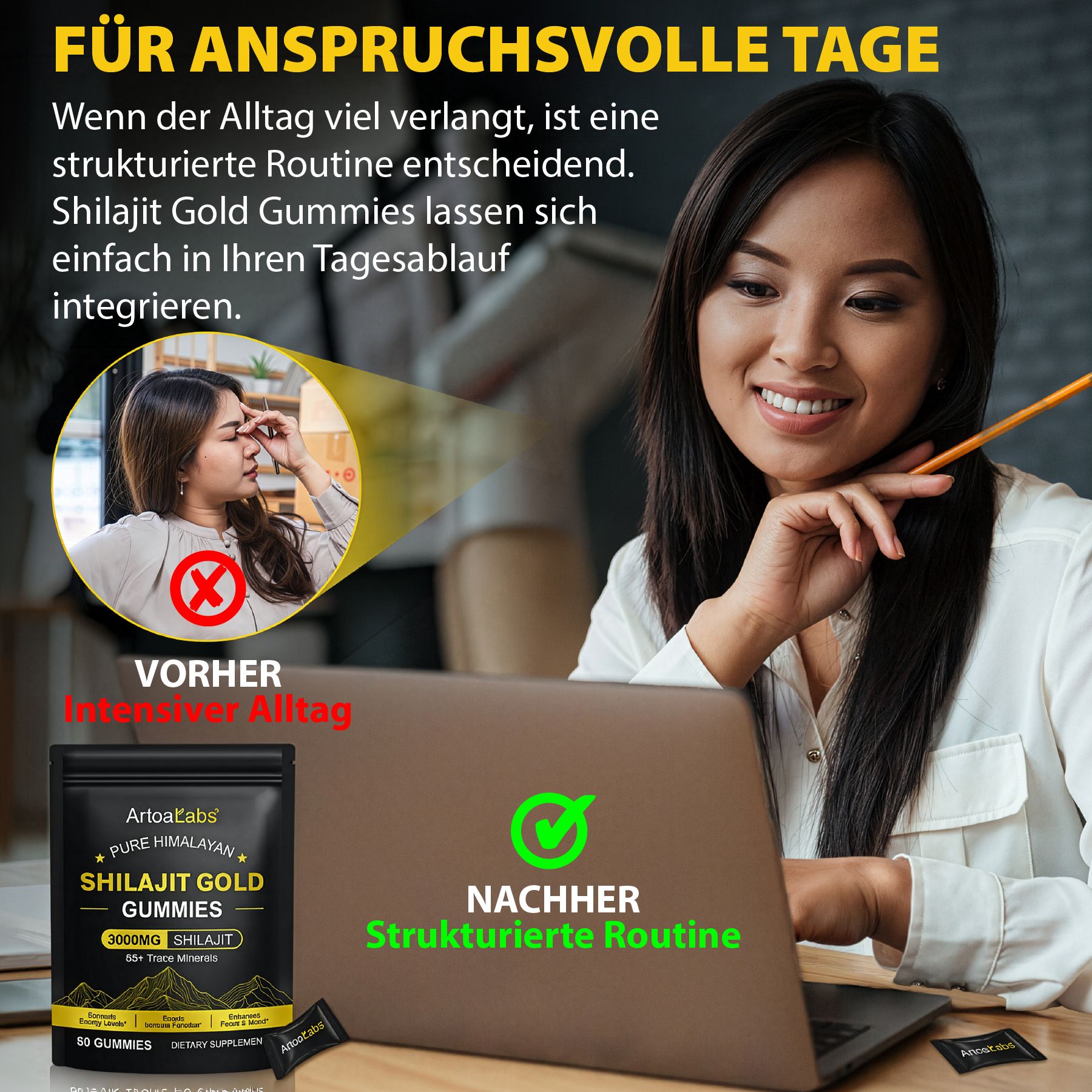 Frau am Laptop. Vorher-Nachher-Darstellung. Schwarze Verpackung mit Produktinformationen. Text: Shilajit Gold Gummies.
