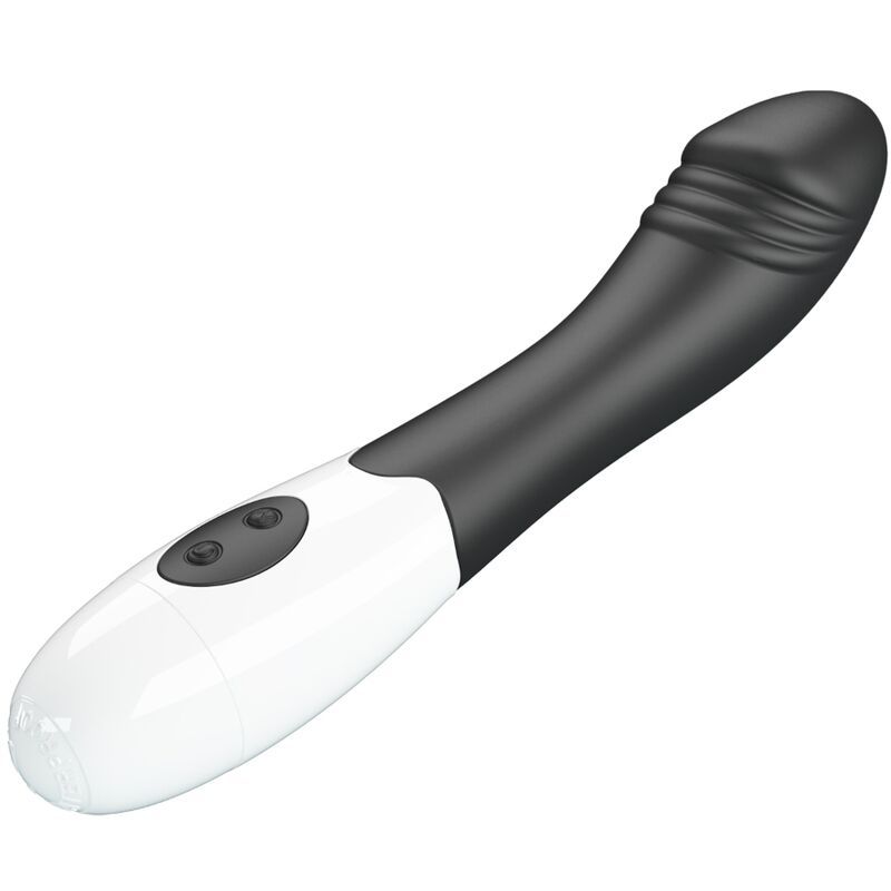 Schwarz-weißer Vibrator mit gebogener Form. Oberteil mit Rillen, Unterteil mit zwei Knöpfen.