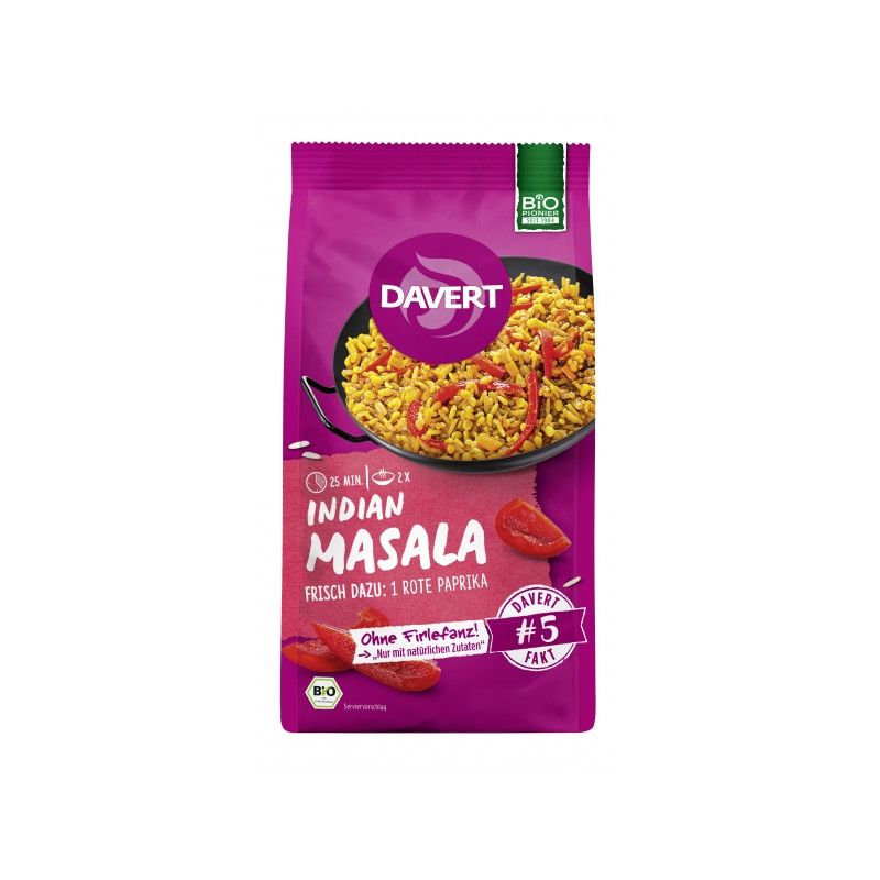 Verpackung von Davert Indian Masala. Lila Beutel mit Produktabbildung und Text. Bio-Siegel oben rechts.