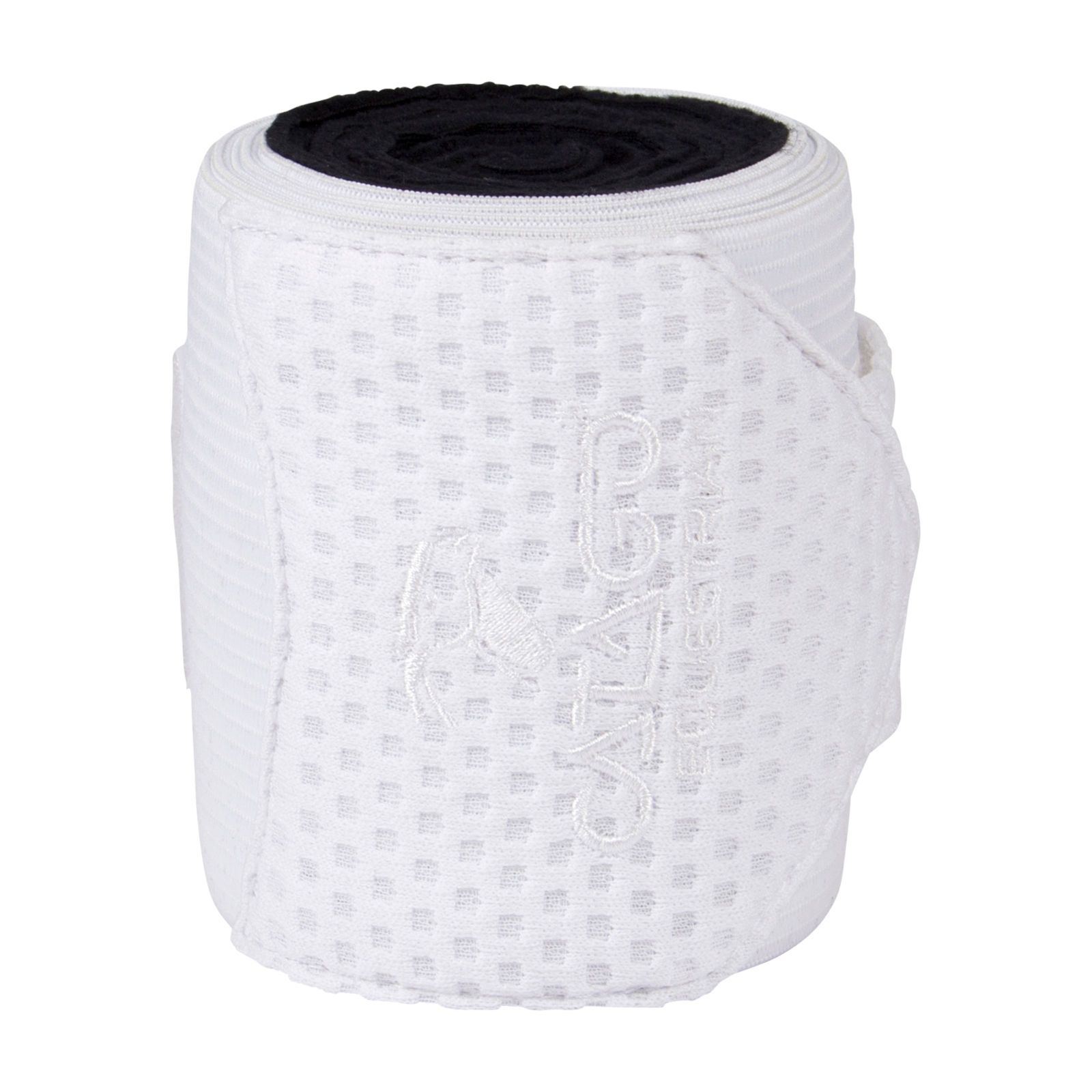 Weiße Bandage, gerollt. Schwarzer Kern. Quadratisches Muster. CATAGO-Logo gestickt.