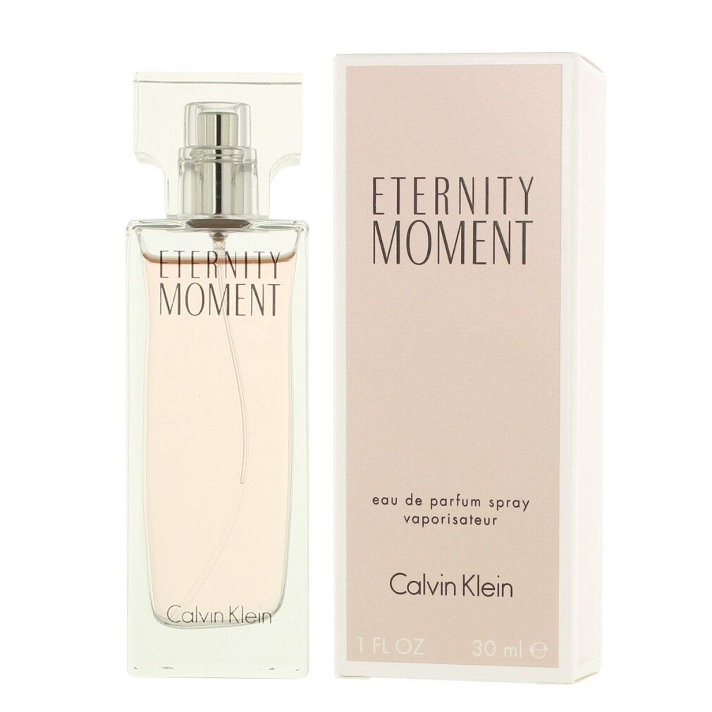 Parfümflasche und Verpackung. Aufschrift "Eternity Moment" und "Calvin Klein". 30 ml.