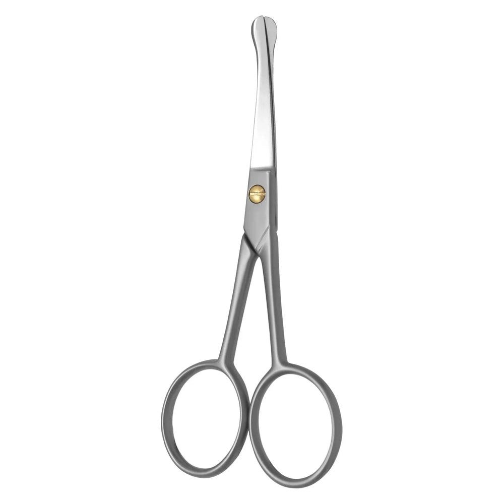 Gebogene Nasen- und Ohrhaarschere aus Metall mit zwei Fingerringen und einer Schraubverbindung.