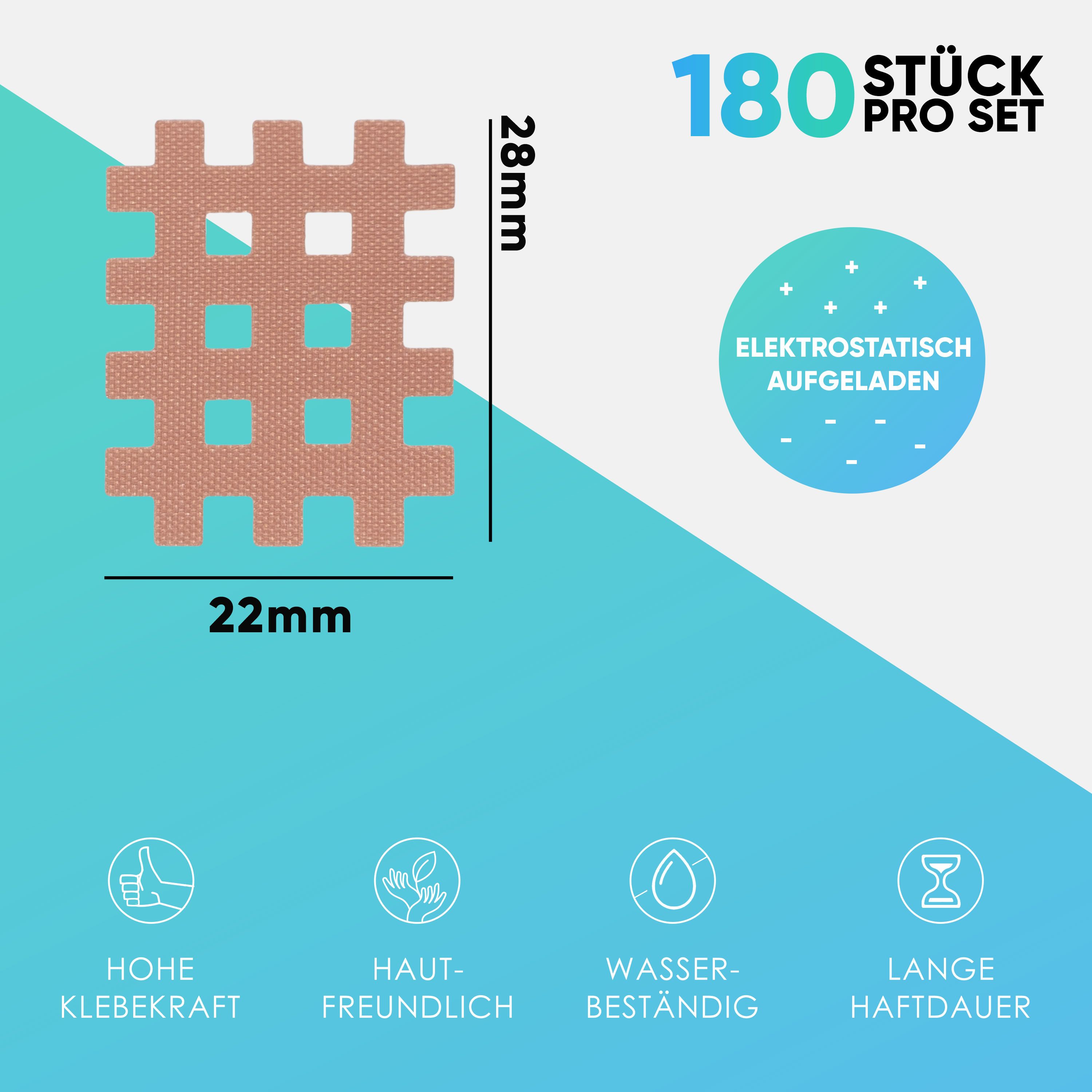 Quadratisches Gittertape, 28x22mm, mit 180 Stück. Aufschrift: Elektrostatisch aufgeladen. Symbole: hohe Klebekraft, hautfreundlich, wasserbeständig, lange Haftdauer.