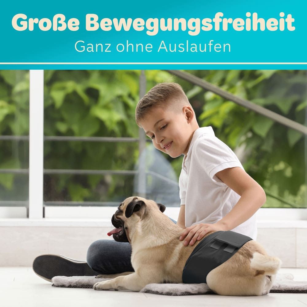 Hund mit Windel sitzt neben Kind. Text: Große Bewegungsfreiheit, ganz ohne Auslaufen.