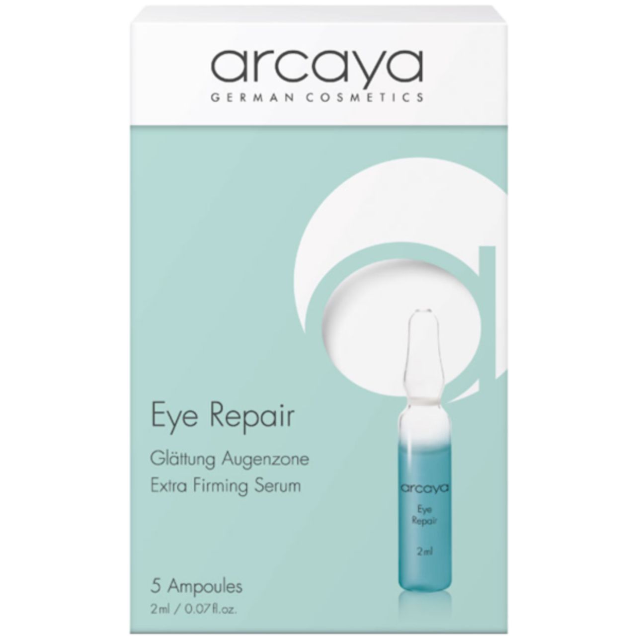 Verpackung mit Ampullen. Aufschrift: arcaya, Eye Repair, Extra Firming Serum. Eine Ampulle ist sichtbar.