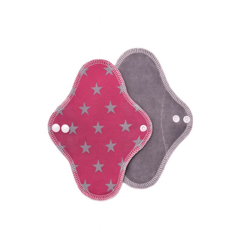 Zwei Stoffbinden. Eine rosa mit grauen Sternen, die andere grau. Beide haben Druckknöpfe und eine ovale Form.